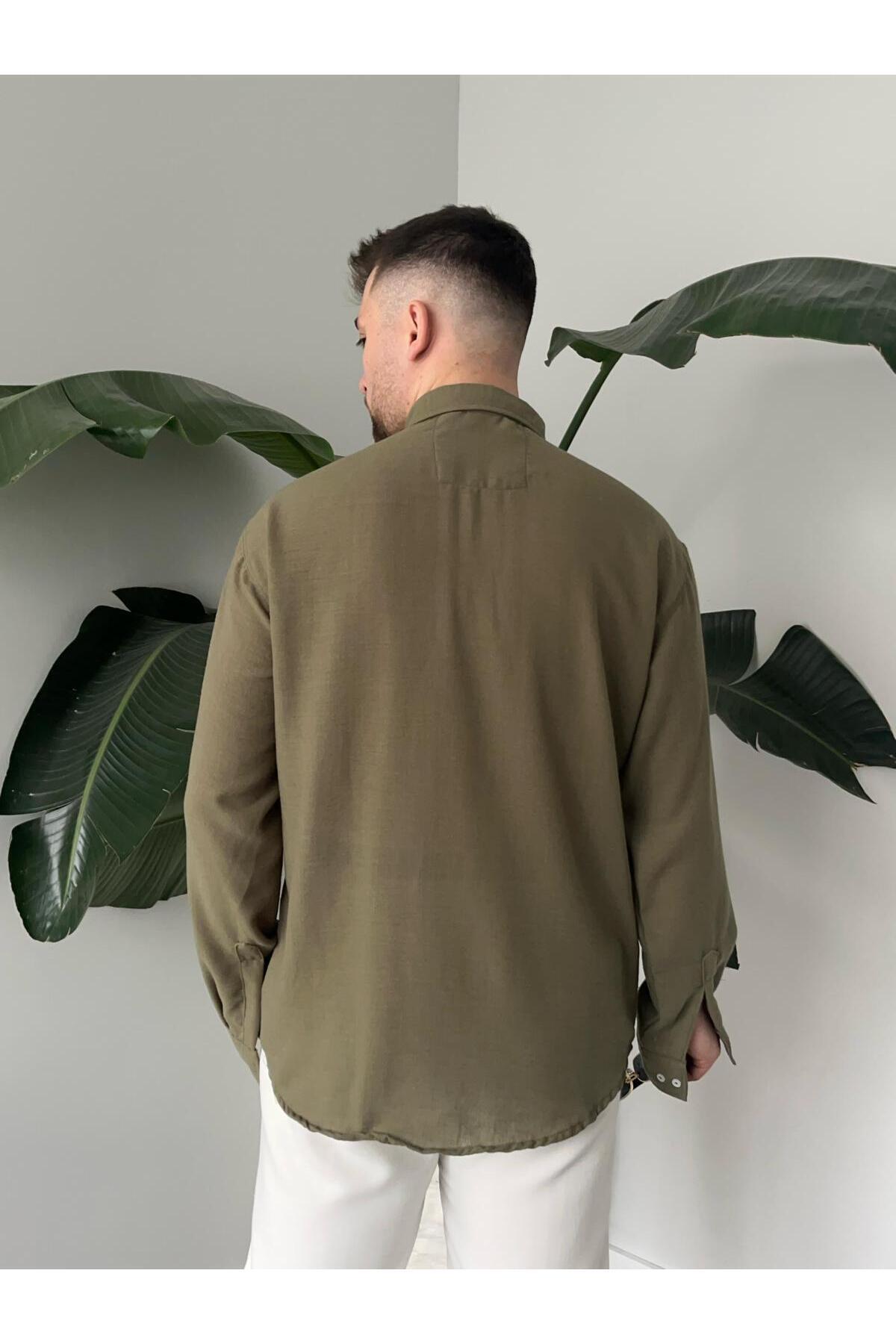 Richarlison  Erkek Haki Keten Dokulu Uzun Kollu Oversize Gömlek - Görsel 3