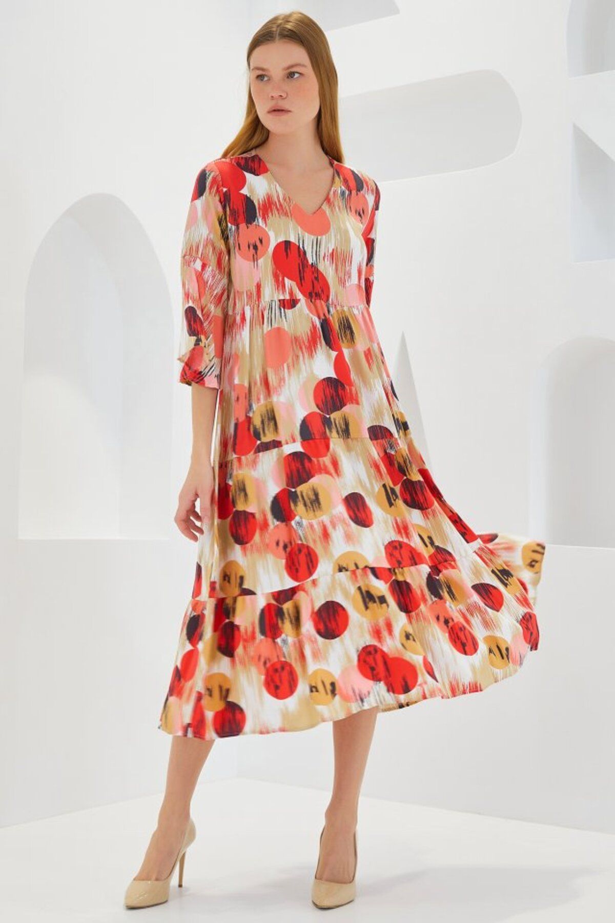 TUA MODA-Tua Moda Tile Ecru Patterned Short Sleeve Viscose Dress 1959 2