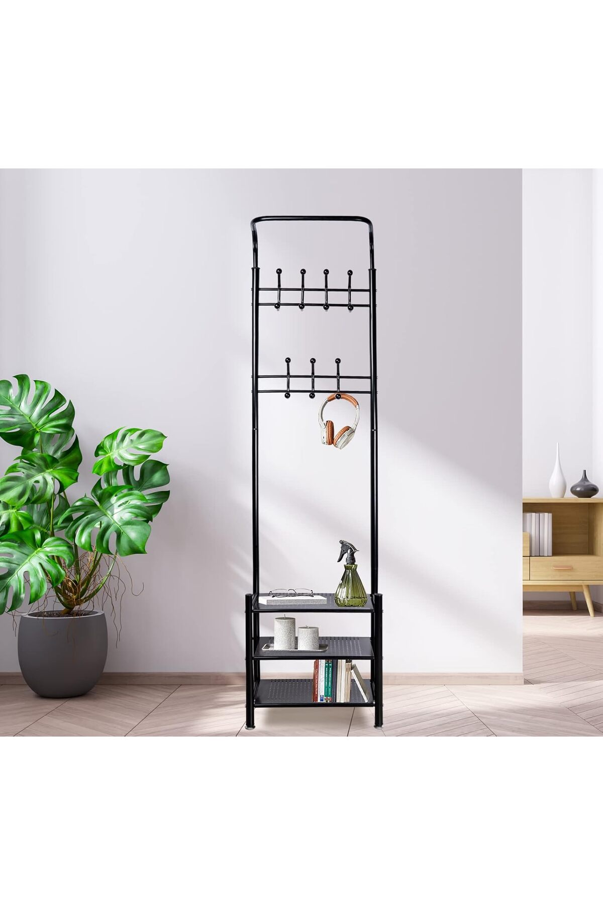 منظم علاقة ملابس معدن وحامل ملابس مزود بخطافات و 3 رفوف احذية| اسود 190x52x30 سم