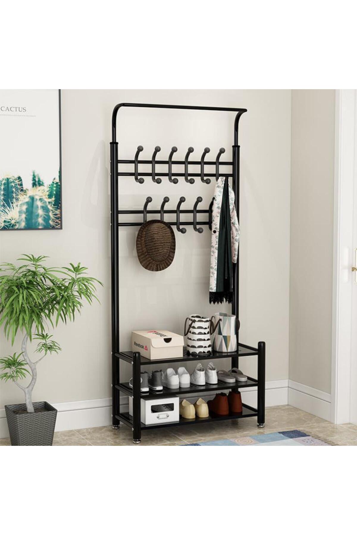 منظم علاقة ملابس معدن وحامل ملابس مزود بخطافات و 3 رفوف احذية | اسود 190x81x30 سم