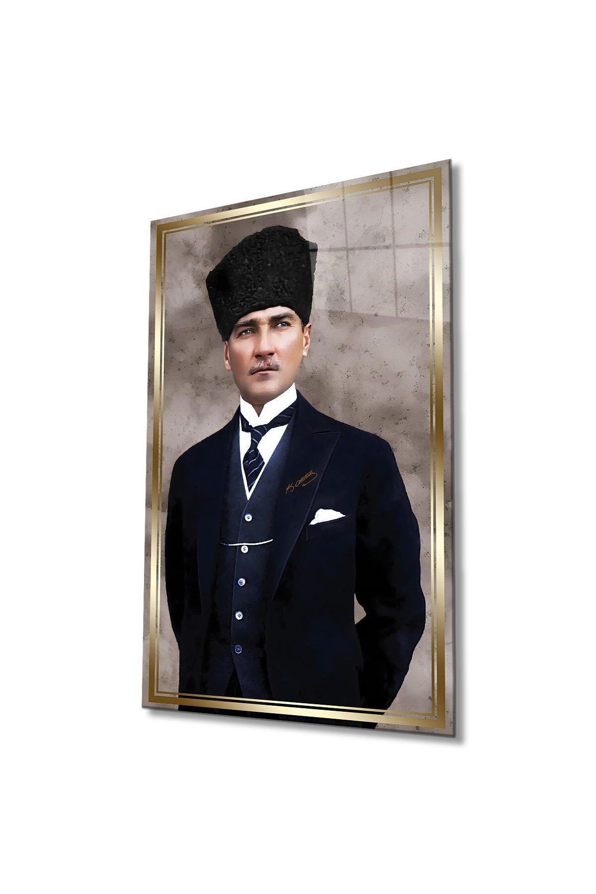 idealizbiz Atatürk Portre Cam Tablo Modern Ev Ofis Salon Hediyelik Büyük Tablo Duvar Dekoru