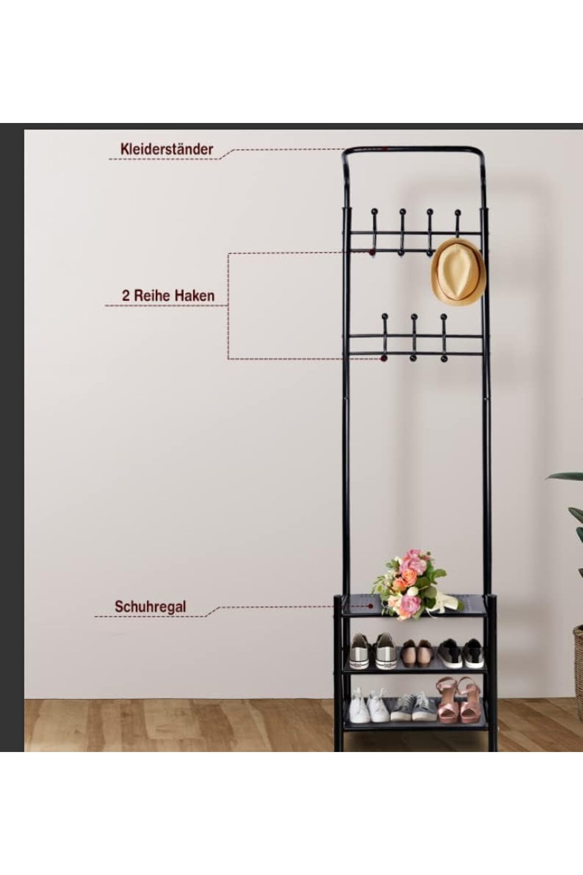 منظم علاقة ملابس معدن وحامل ملابس مزود بخطافات و 3 رفوف احذية| اسود 190x52x30 سم