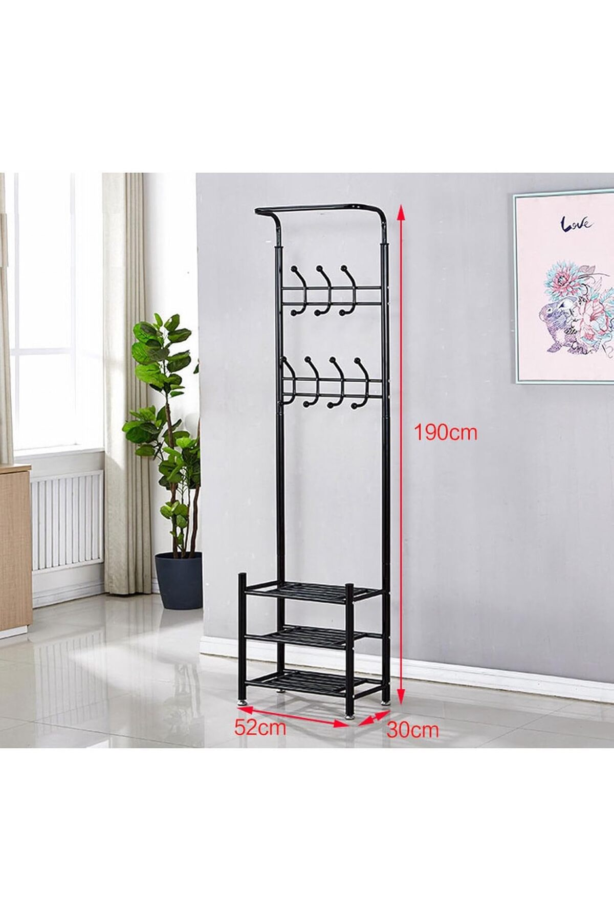 منظم علاقة ملابس معدن وحامل ملابس مزود بخطافات و 3 رفوف احذية| اسود 190x52x30 سم