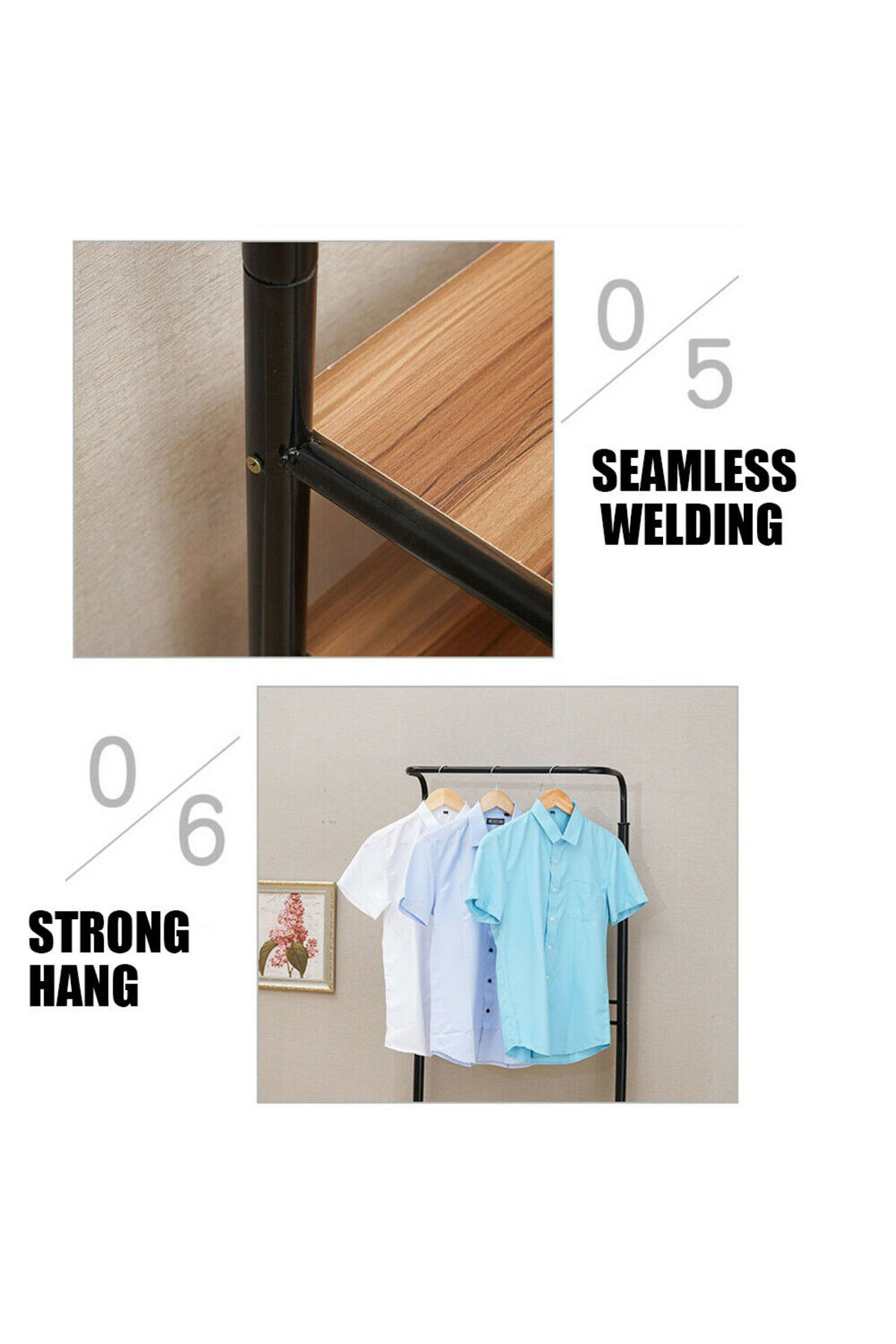 منظم علاقة ملابس معدن وحامل ملابس مزود بخطافات و 3 رفوف احذية | اسود 190x66x30 سم