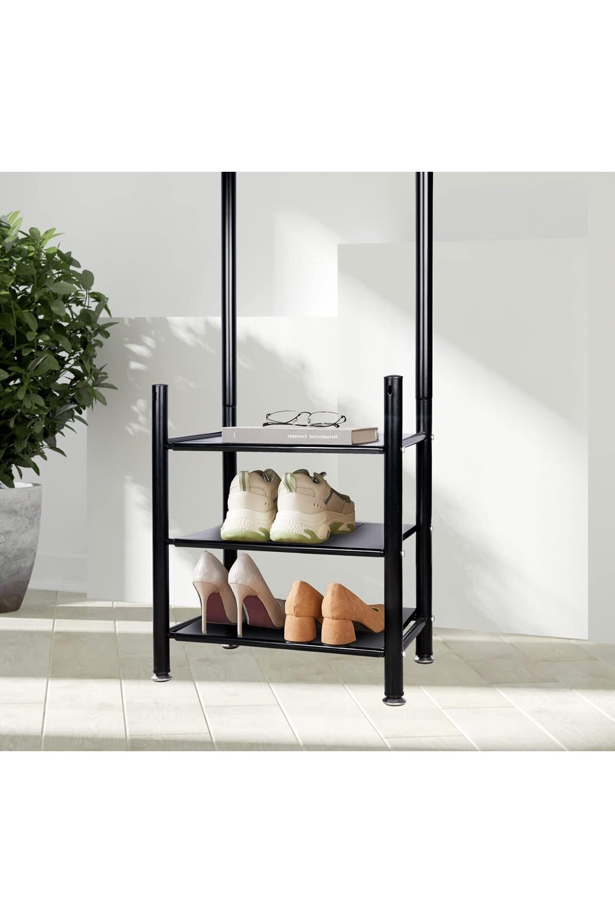 منظم علاقة ملابس معدن وحامل ملابس مزود بخطافات و 3 رفوف احذية| اسود 190x52x30 سم