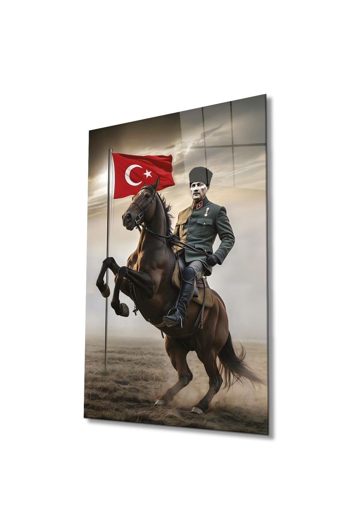 idealizbiz Atatürk Portre ve Türk Bayrağı Cam Tablo Modern Ev Ofis Salon Hediyelik Büyük Tablo Duvar Dekoru