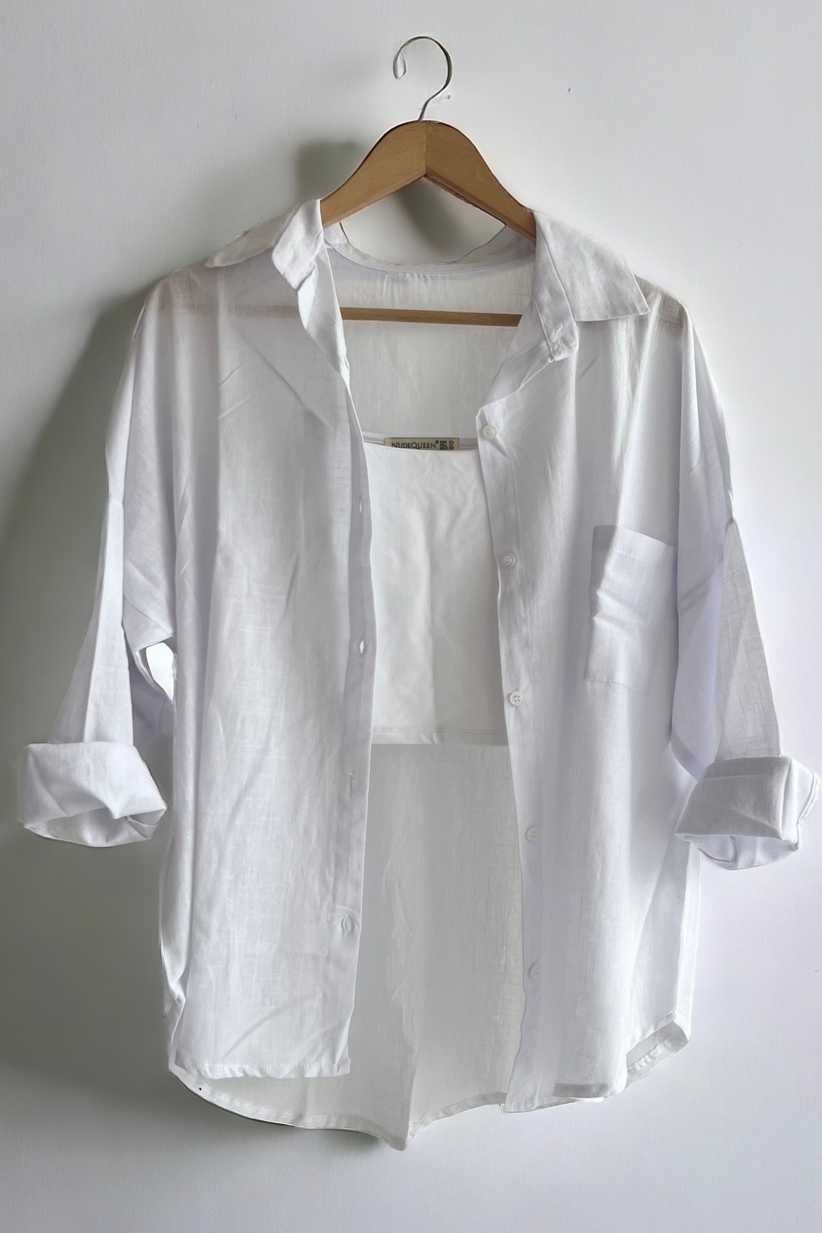 bb butik basic  Oversize Keten Dokulu %100 Pamuk Salaş Beyaz Gömlek Bb-ku3435 - Görsel 5