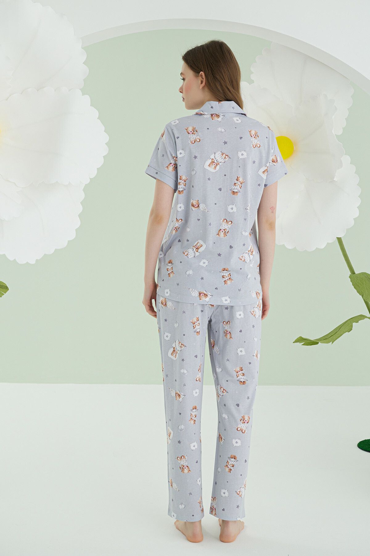 NBB-Gray Women's Pajamas Set - Cotton, Front Button, Short Sleeve, Bear Heart Star Printed 2