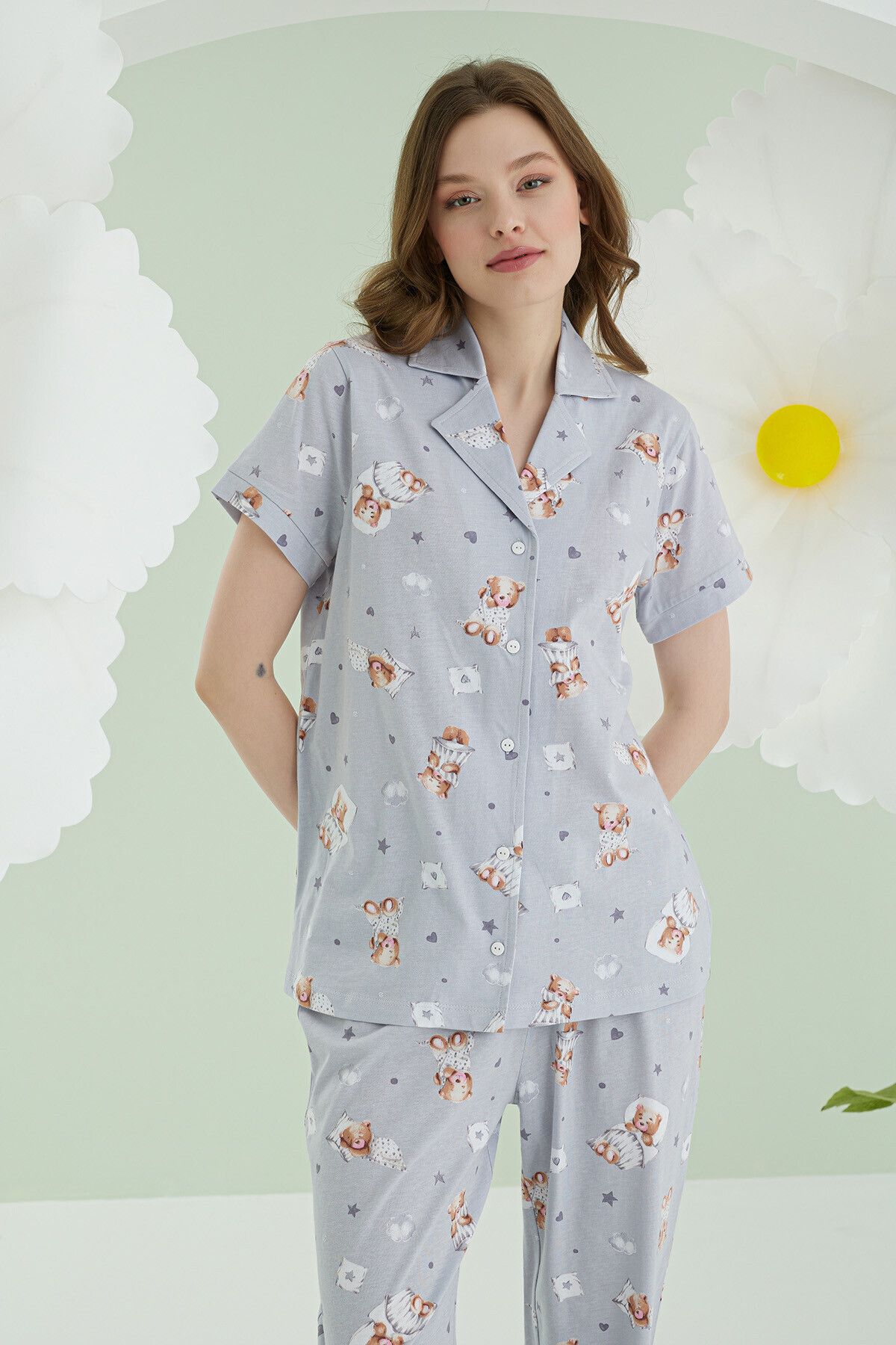 NBB-Gray Women's Pajamas Set - Cotton, Front Button, Short Sleeve, Bear Heart Star Printed 3