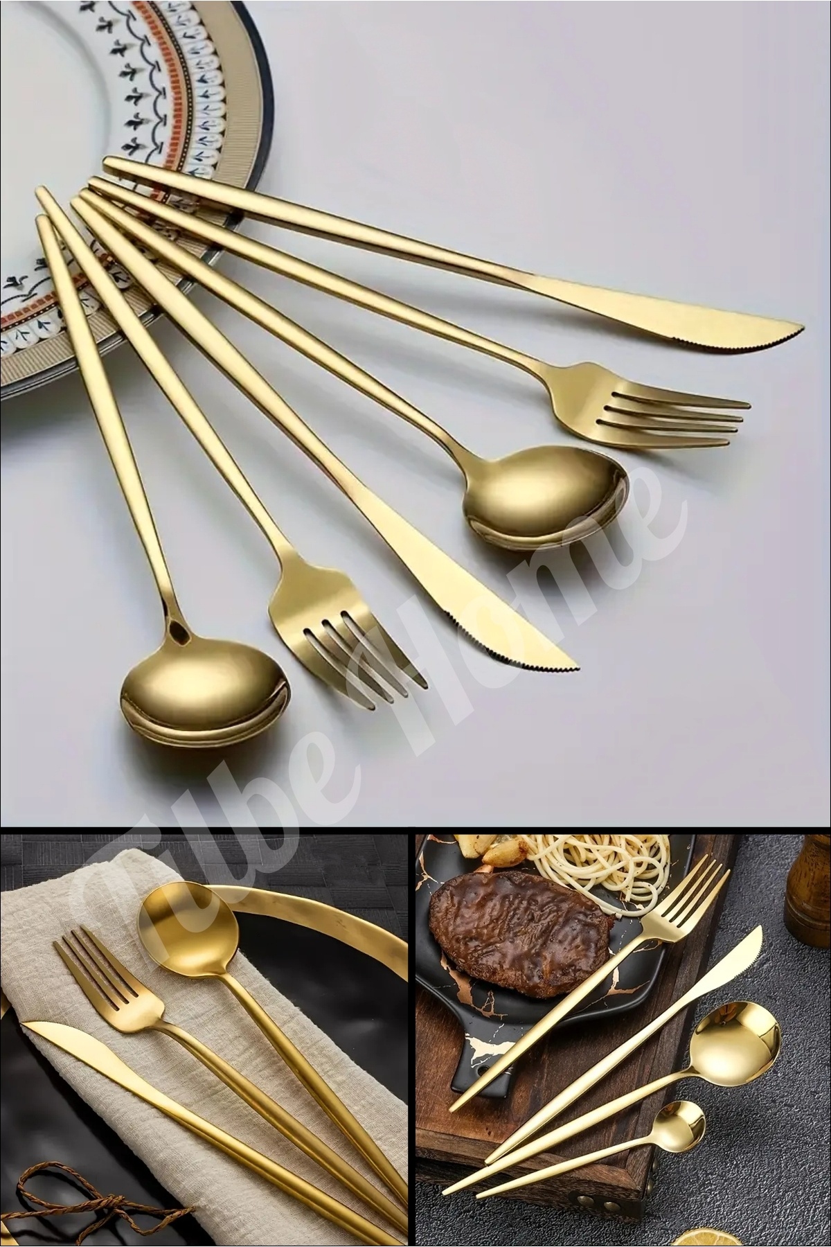 Tilbe Home-Luxury 30-Piece Gold Cutlery Spoon Knife Set Stainless Steel Service Dowry Kit Glossy Smooth Steel 4