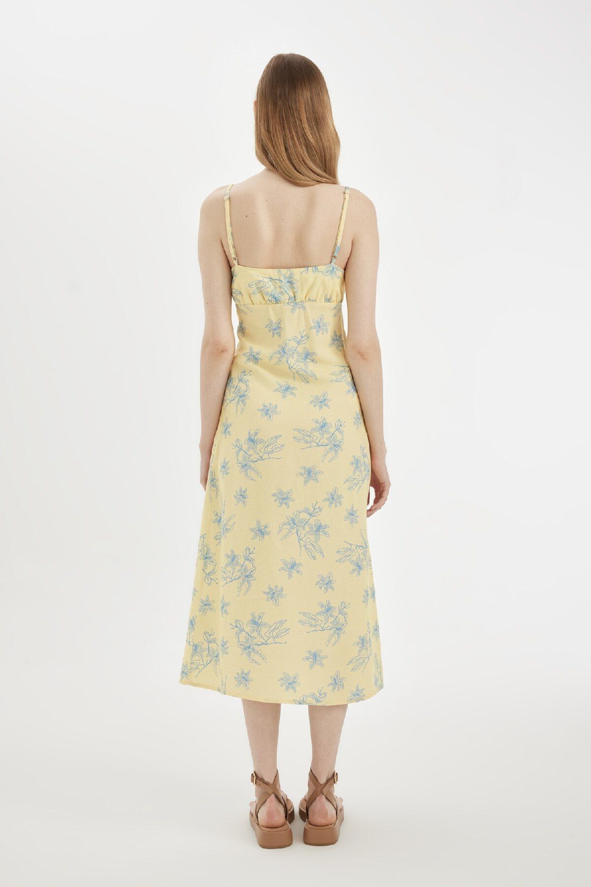 DeFacto-Leinen-Midikleid - Blumenmuster, Riemchen D0353ax24sm 8