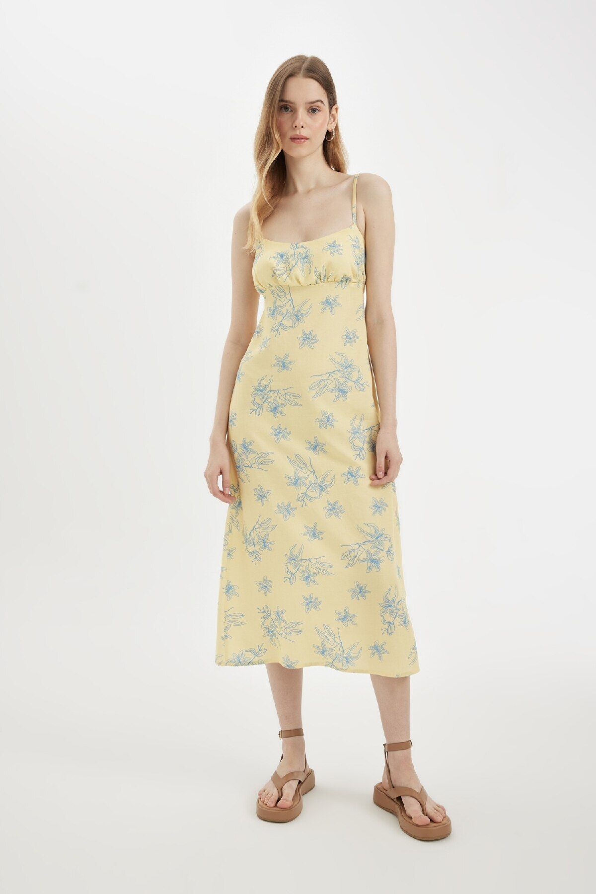 DeFacto-Leinen-Midikleid - Blumenmuster, Riemchen D0353ax24sm 5