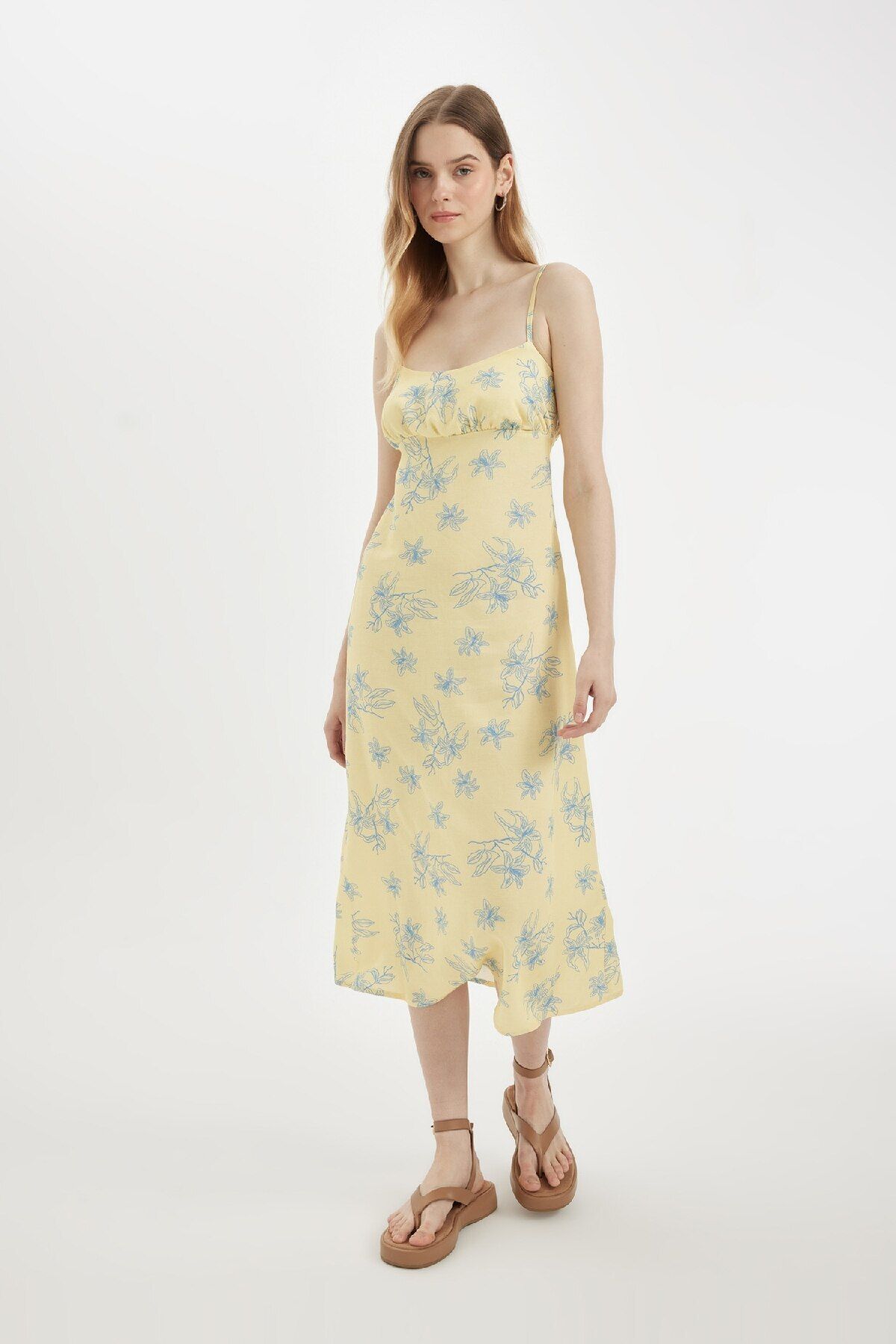 DeFacto-Leinen-Midikleid - Blumenmuster, Riemchen D0353ax24sm 6