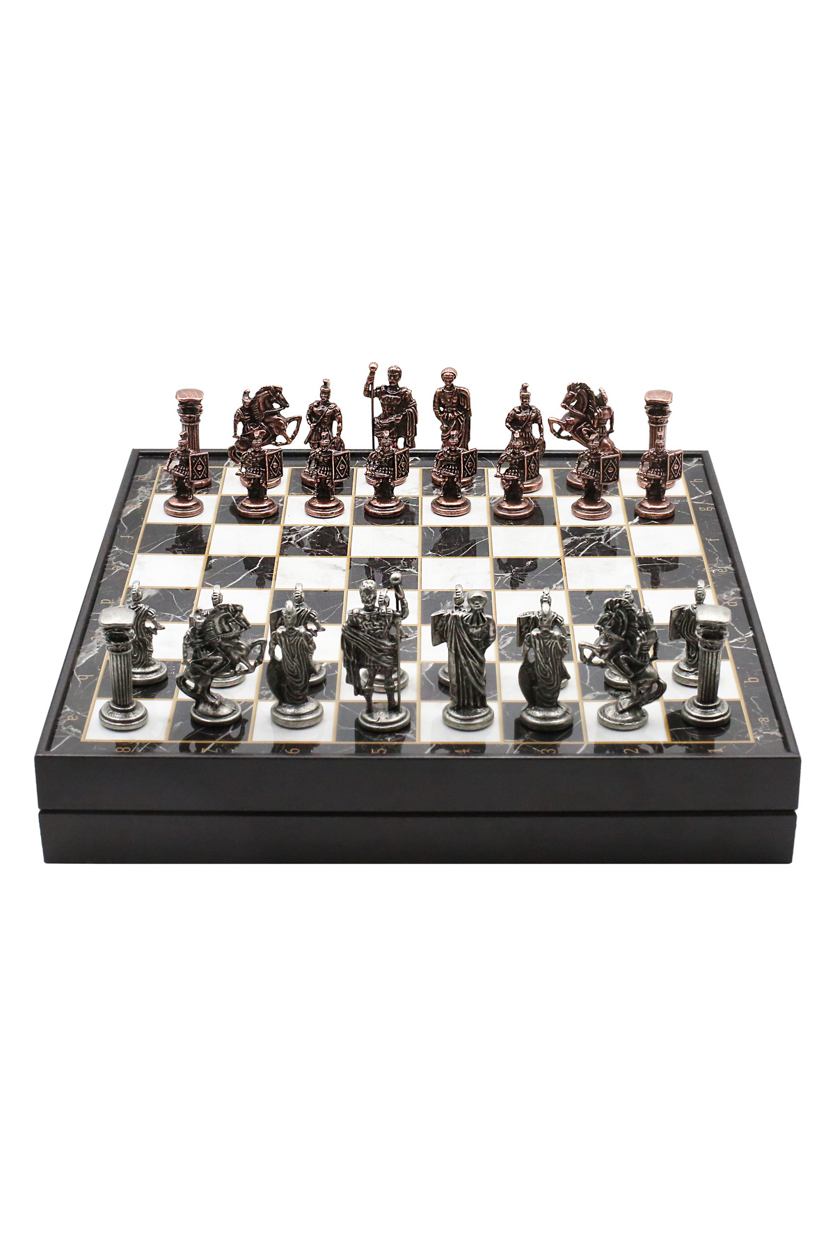 Cooper Chess 36cm Mermer Desenli Ahşap Kutulu | Bronz Metal Antik Roma Satranç Takımı | Kişiye Özel Etiketli