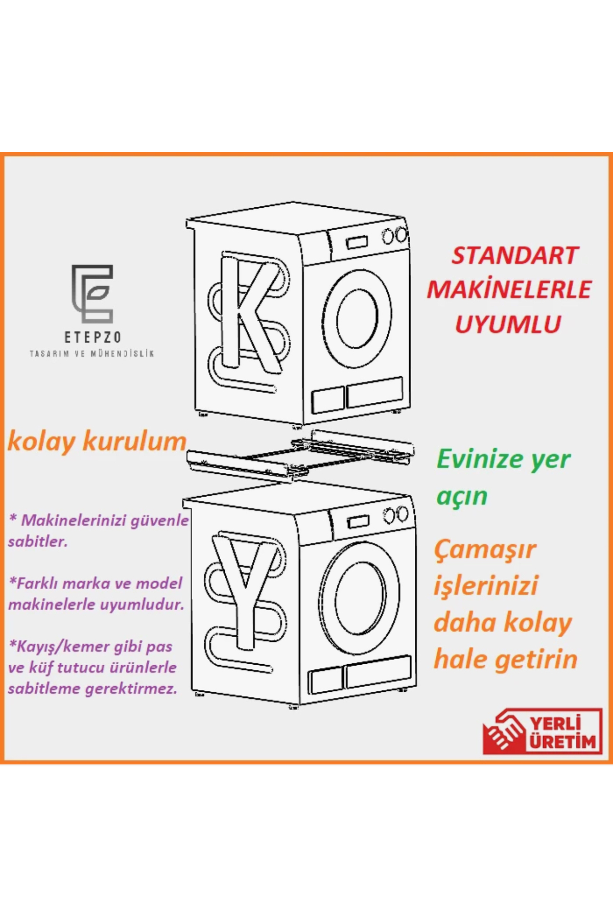 Etepzo Tasarım ve Mühendislik Çamaşır Yıkama ve Çamaşır Kurutma Makineleri Üst Üste Birleştirme Ara Aparatı