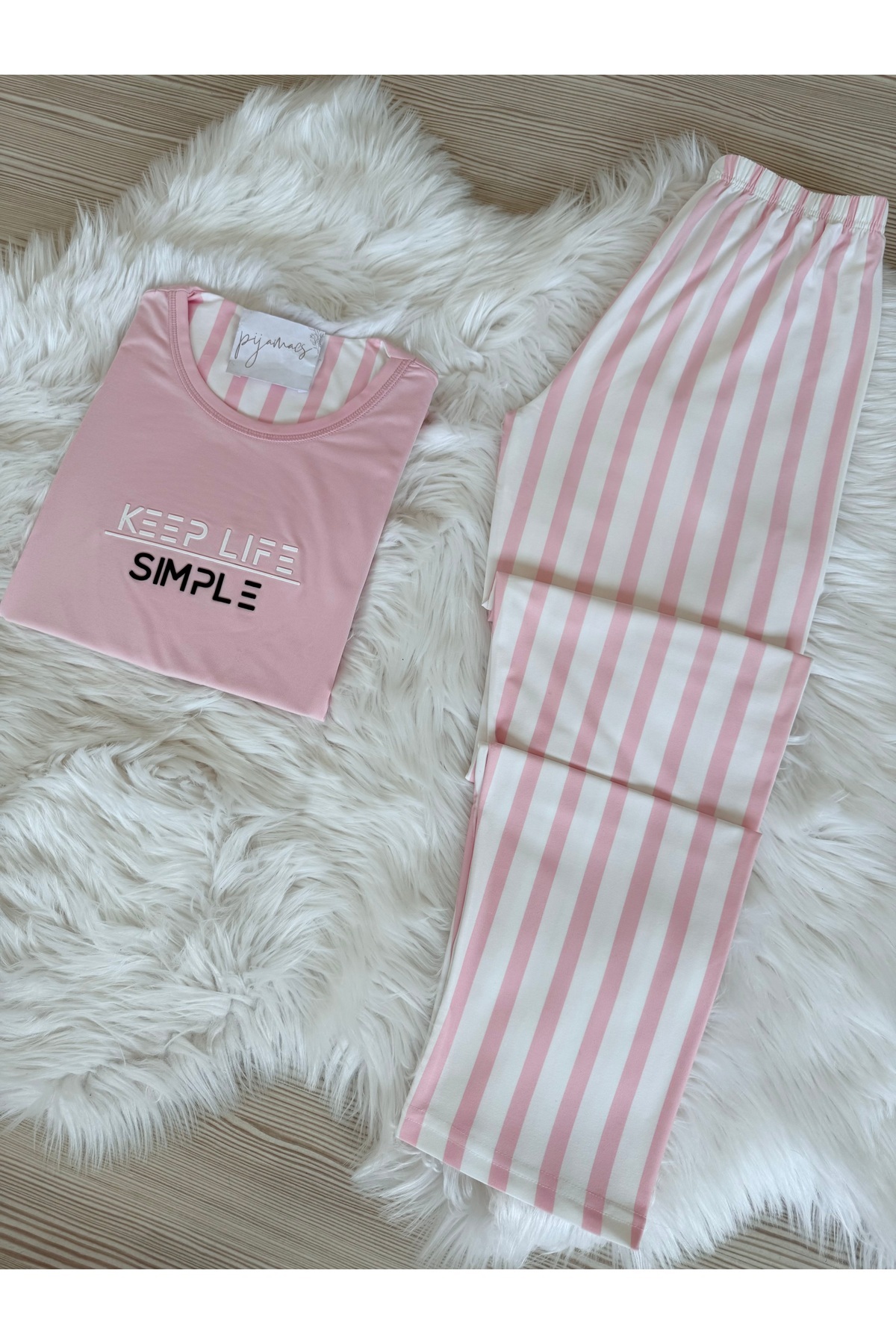 Pijamacs-Pink Striped Patterned Short Sleeve Knitted Pajama Set 3