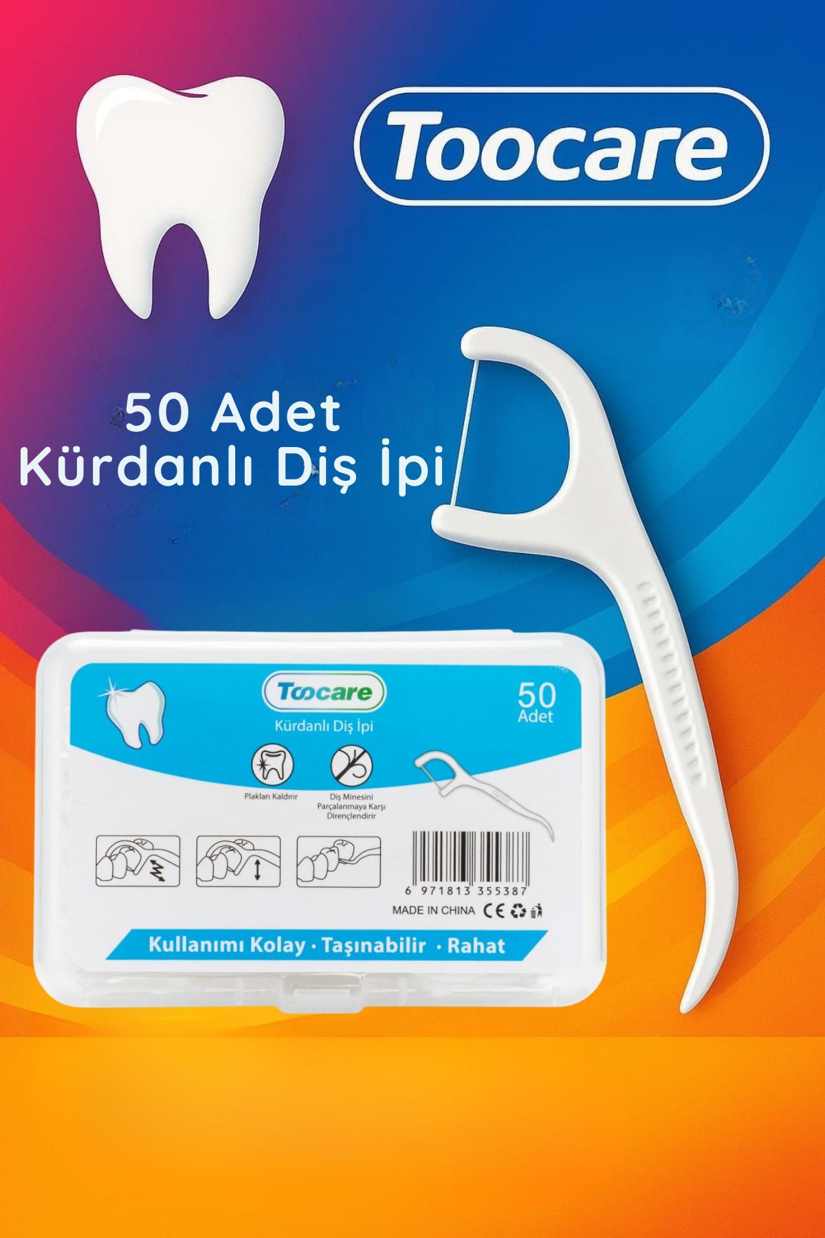 Toocare Premium Kalite 50 Adet Kürdanlı Diş İpi - Aromasız Sade