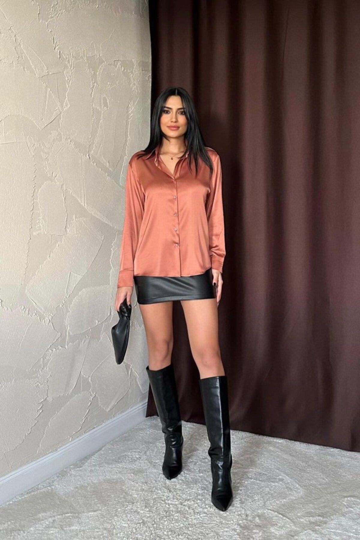 velmorafashion Kiremit Saten Gömlek