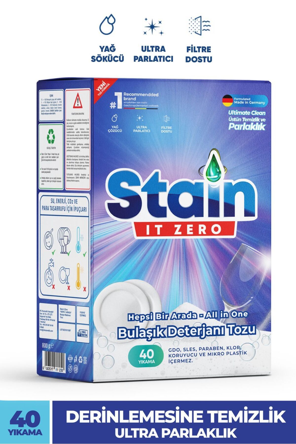 Stain İt Zero Hepsi Bir Arada Toz Bulaşık Makinesi Deterjanı 40 Yıkama