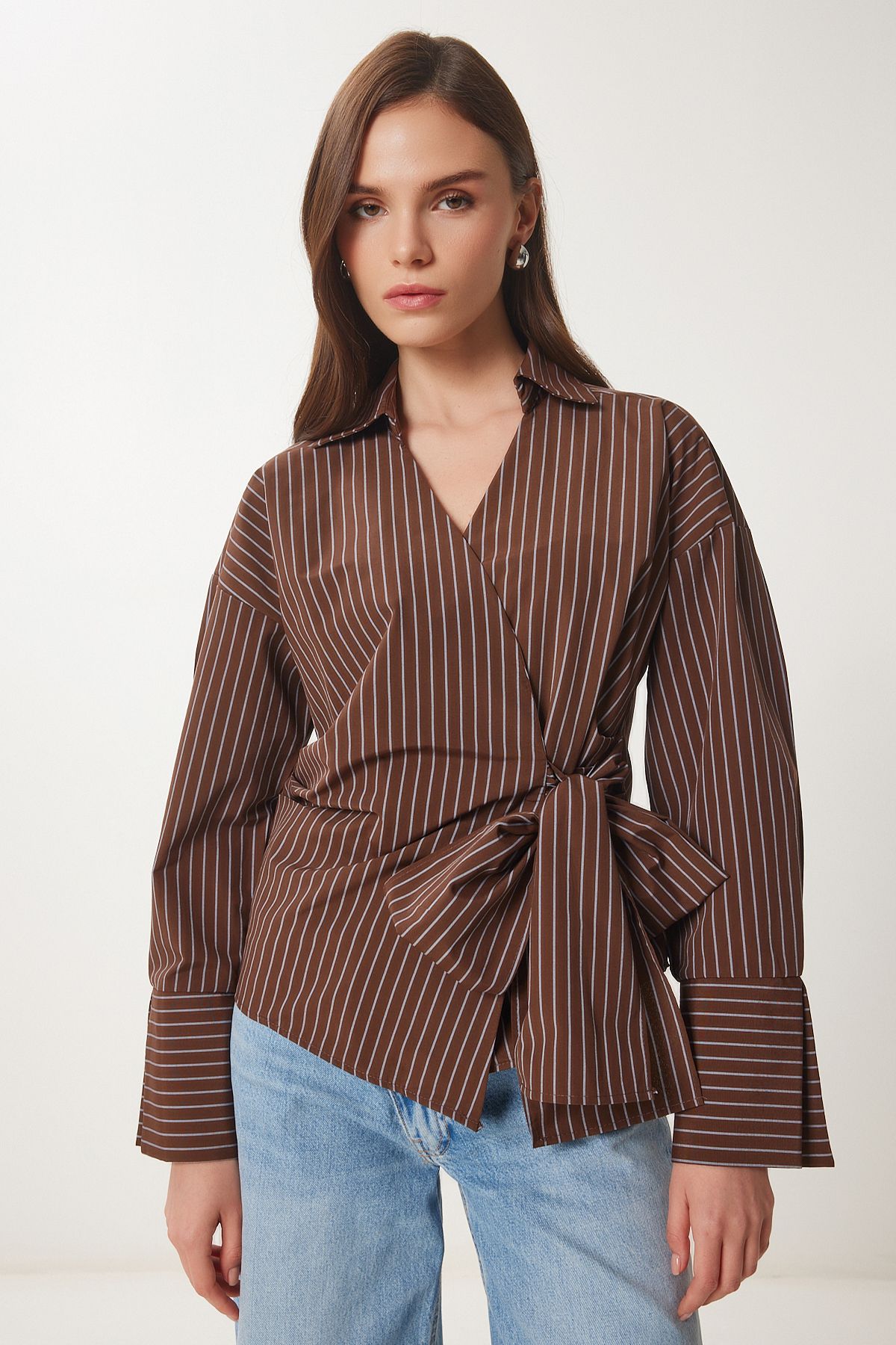 Happiness İstanbul-Women's Brown Striped Shirt Poplin Blouse Us00962 3