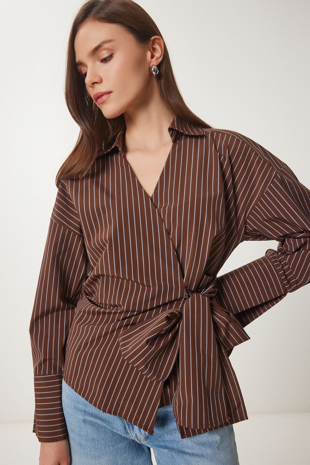 Happiness İstanbul-Women's Brown Striped Shirt Poplin Blouse Us00962 2