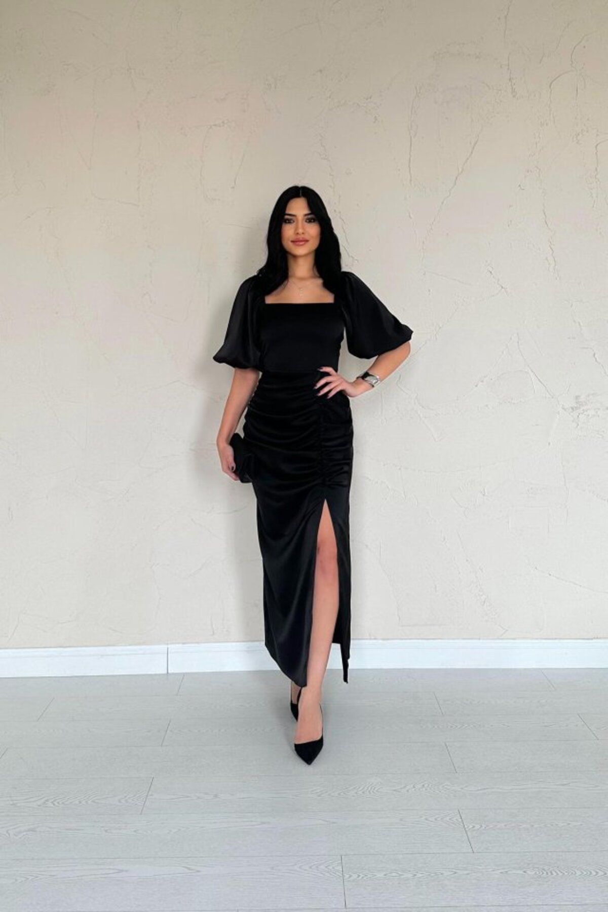 velmorafashion Siyah Büzgülü Saten Elbise