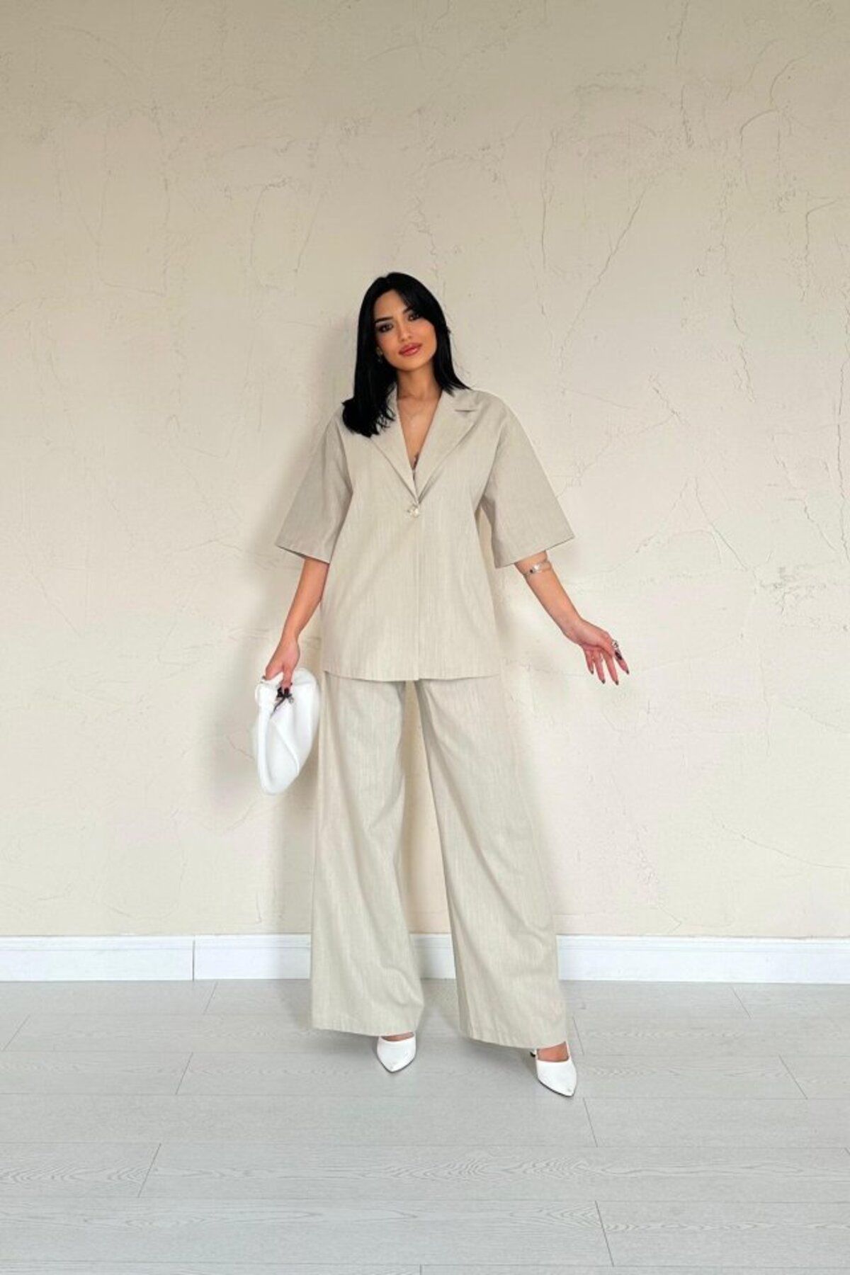 velmorafashion Bej Önü Tek Düğmeli Ceket Pantolon Takım