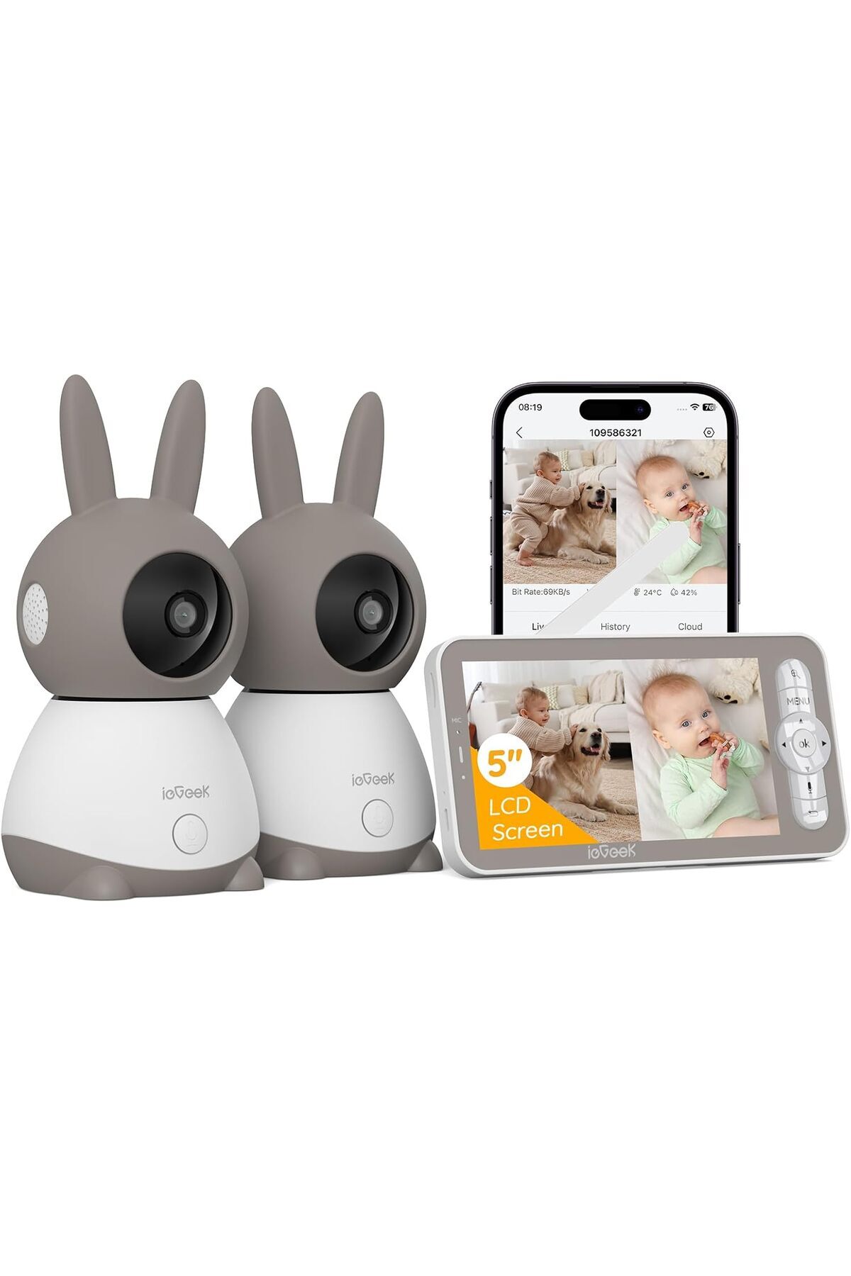 ie Geek 2 Kameralı Bebek Monitörü, 2K/3MP, 5 İnç Ekran, Gece Görüşü, Otomatik Takip
