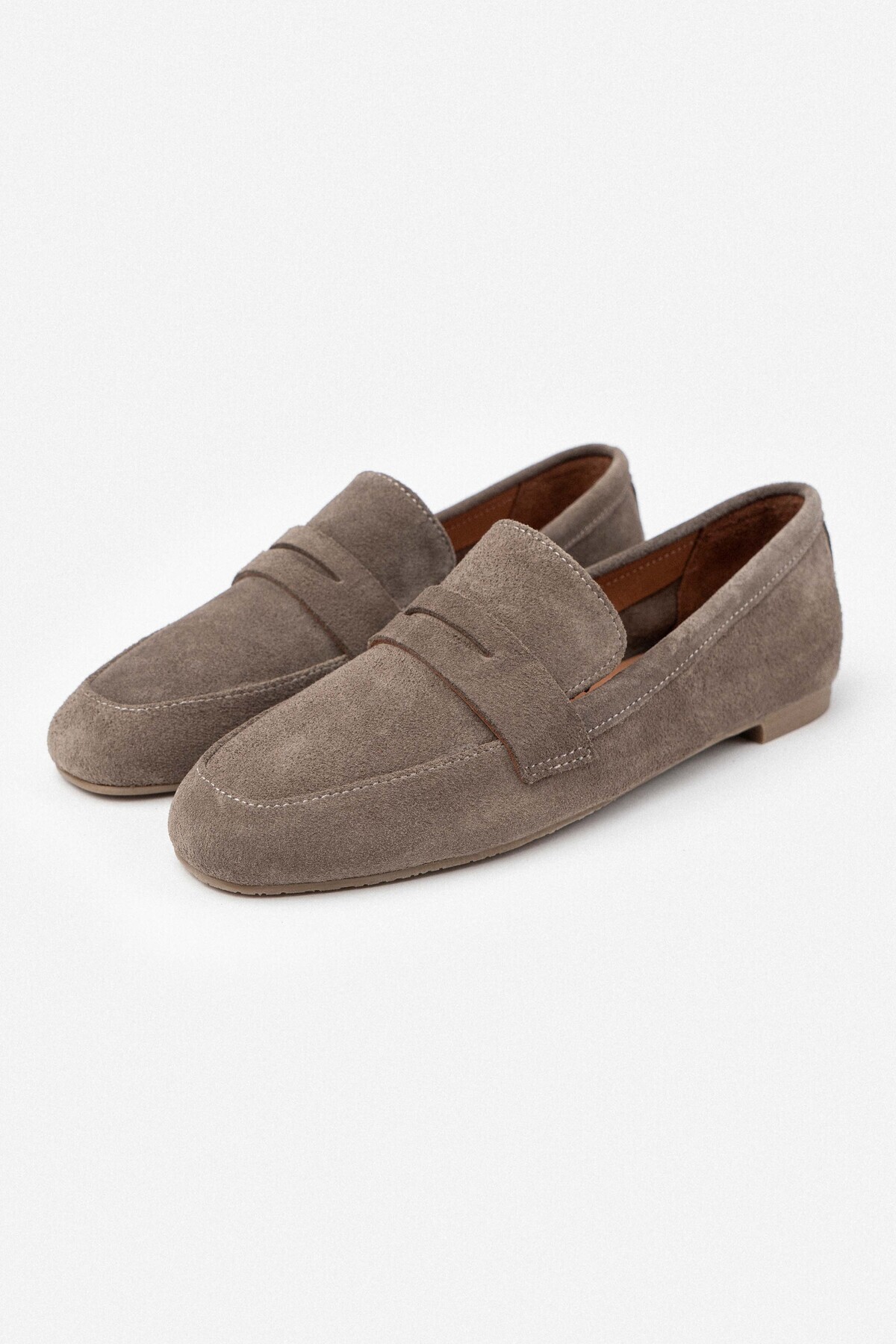 NİŞANTAŞI SHOES-Balerini de damă Saber Bej închis din piele de căprioară autentică cu talpă plată 6