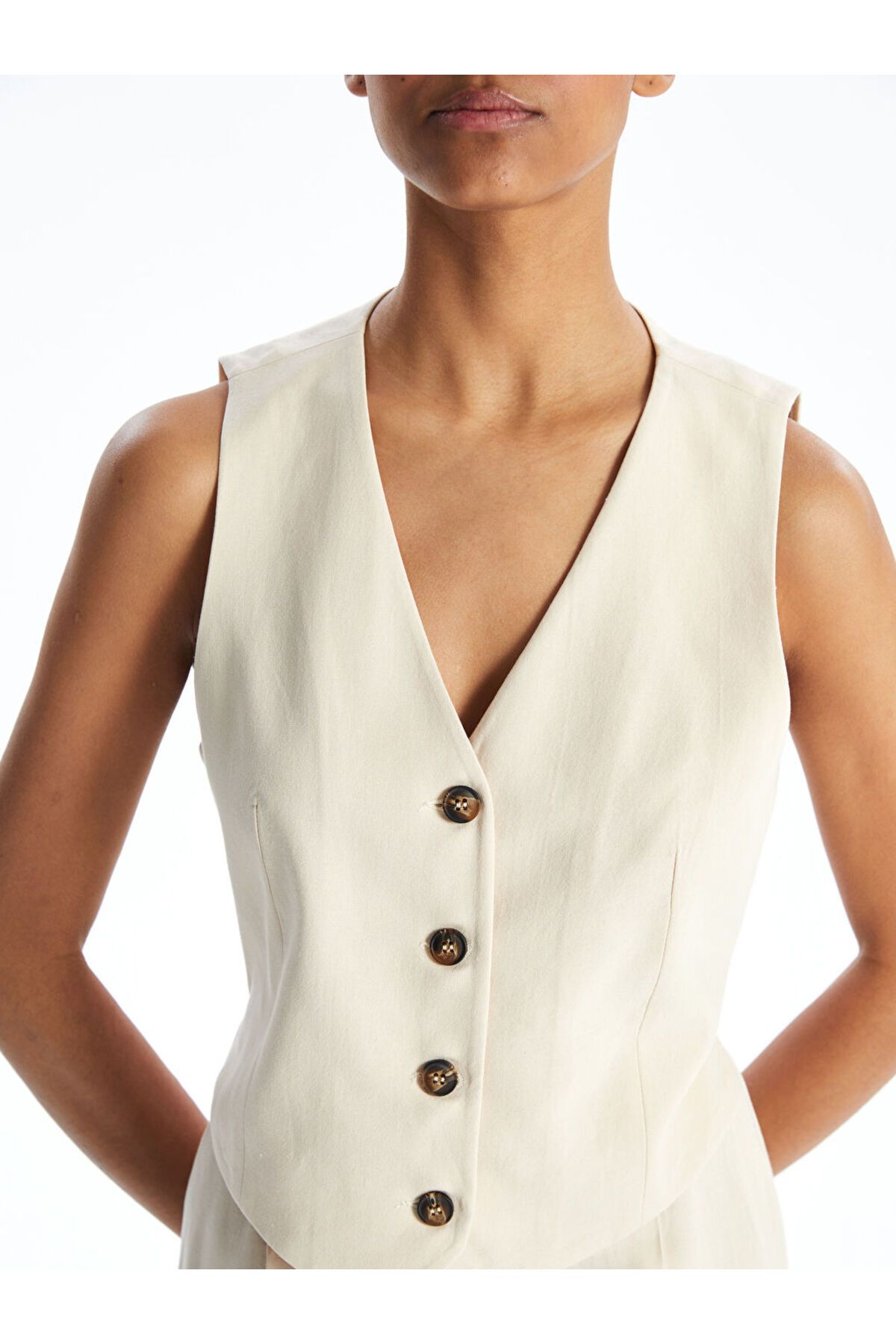 LC Waikiki-V-Neck Linen Blended Women's Classic Vest 3