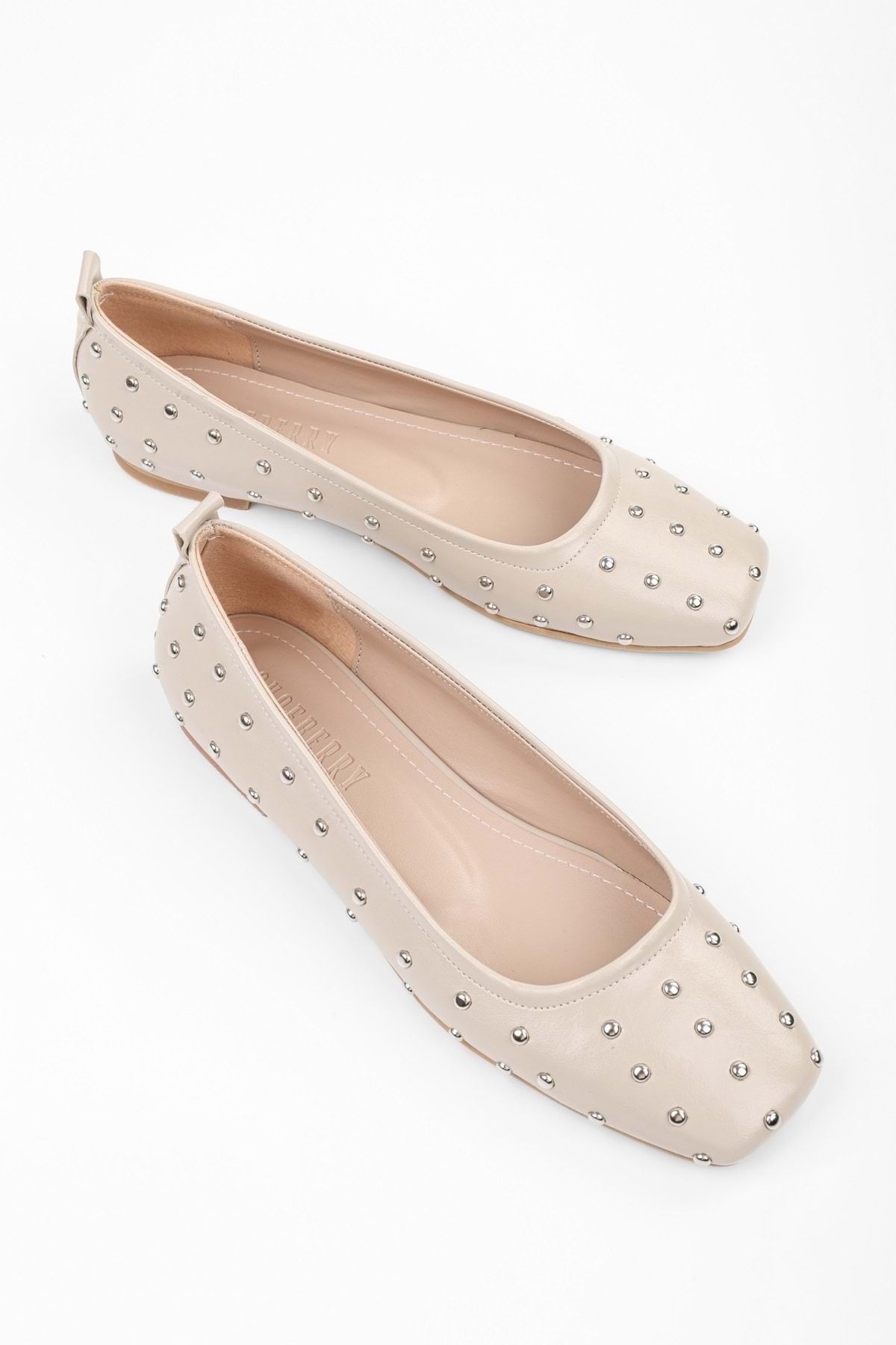 Shoeberry-Damskie płaskie baleriny Zoe Ecru z tępym noskiem 4