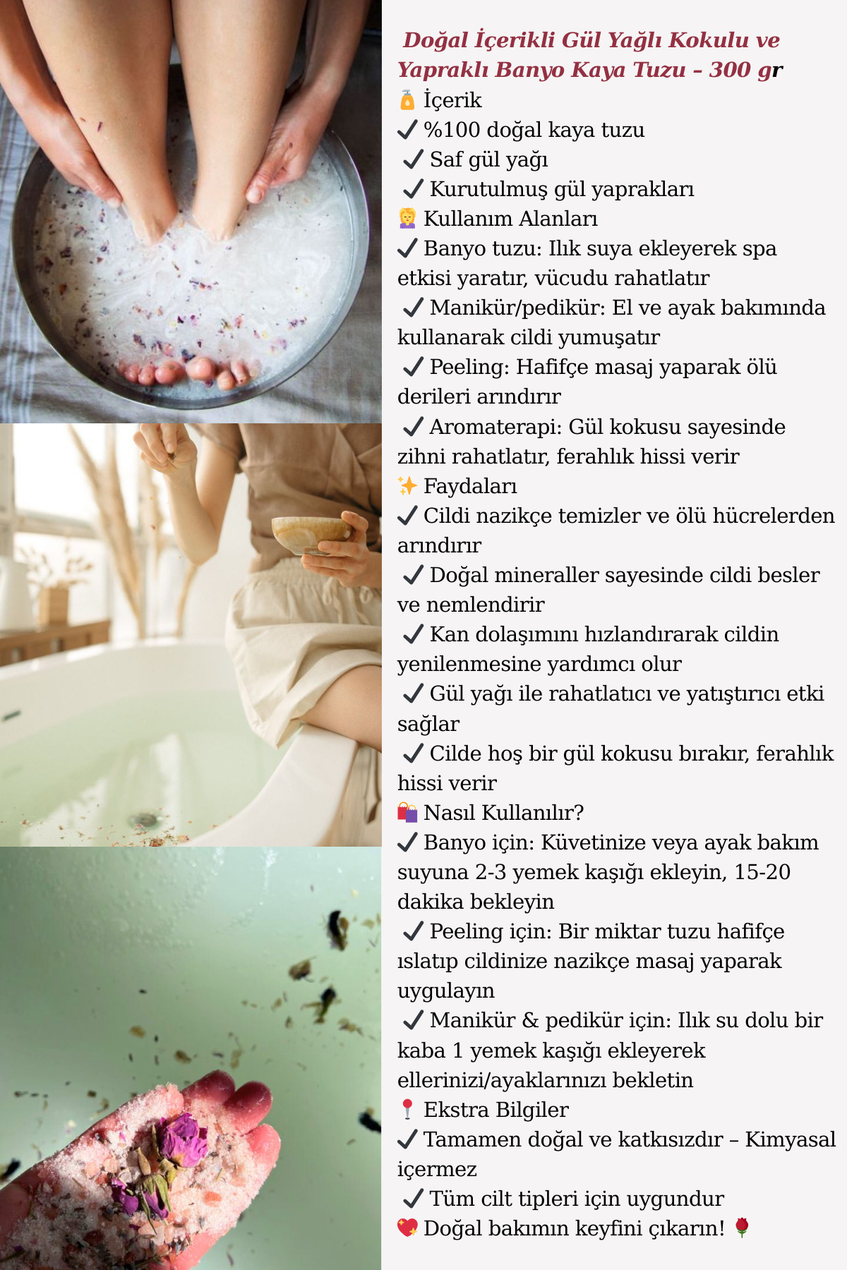 Doğal Içerikli Gül Yağlı Kokulu Ve Yapraklı Banyo Kaya Tuzu Manikür/pedikür Peeling 300 gr — kaya01 — تصویر 3 از 3