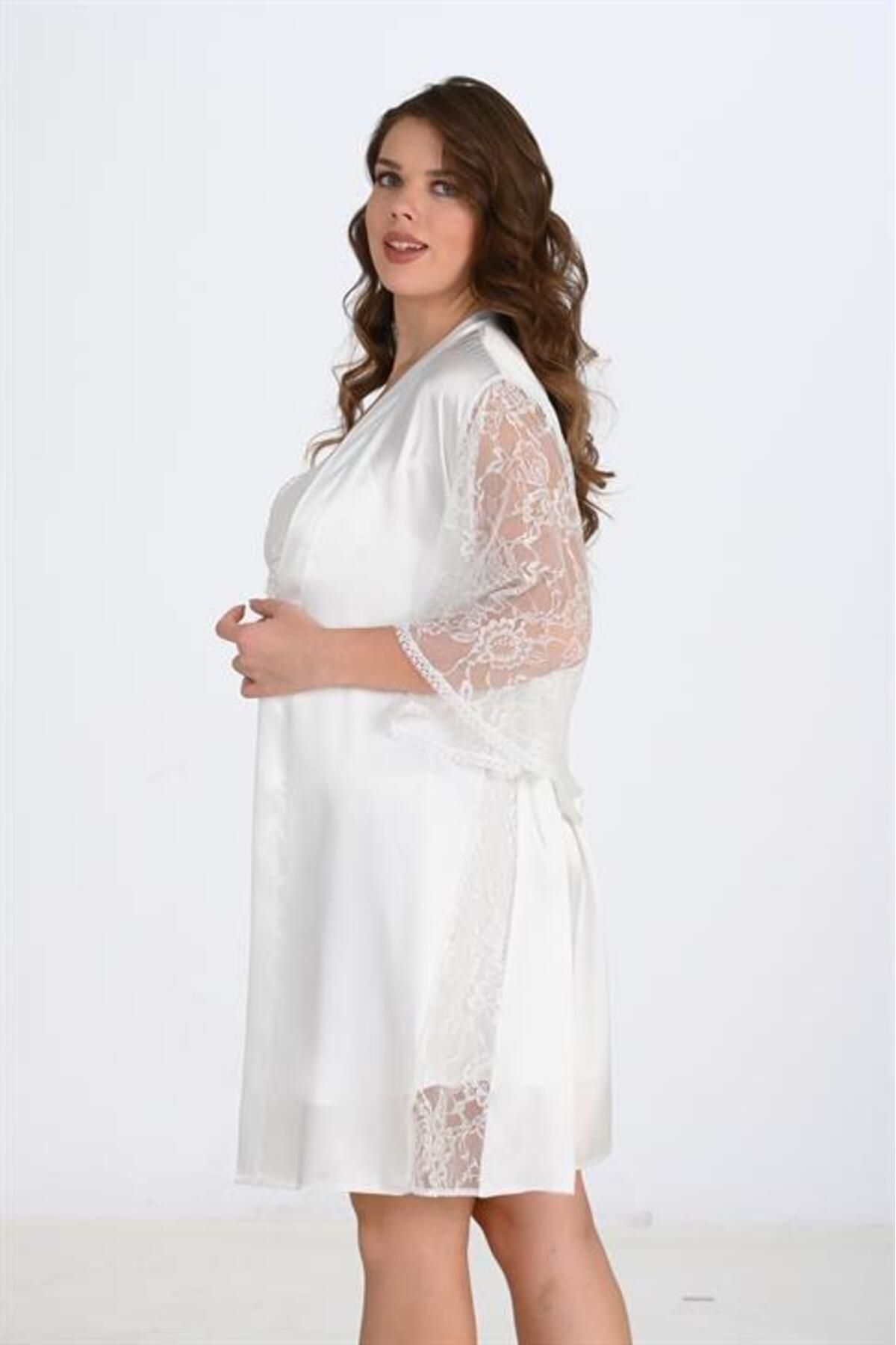 M MERC Giyim-Ecru Large Size 2-Piece Dressing Gown Set - Large Size 2
