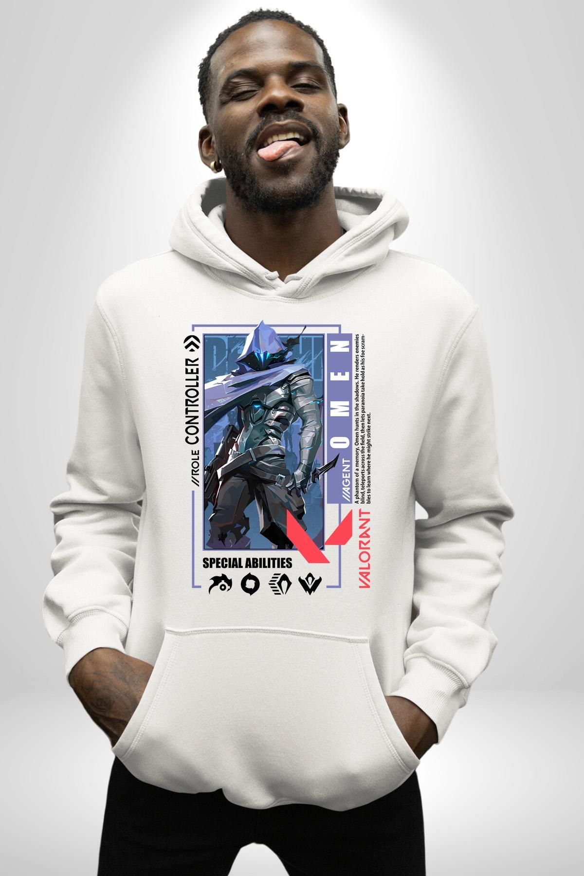 Soufeel Smoker Omen Karakter Yetenek Kadın Erkek Baskılı Üç İplik Beyaz Kapüşonlu Hodie Sweatshirt