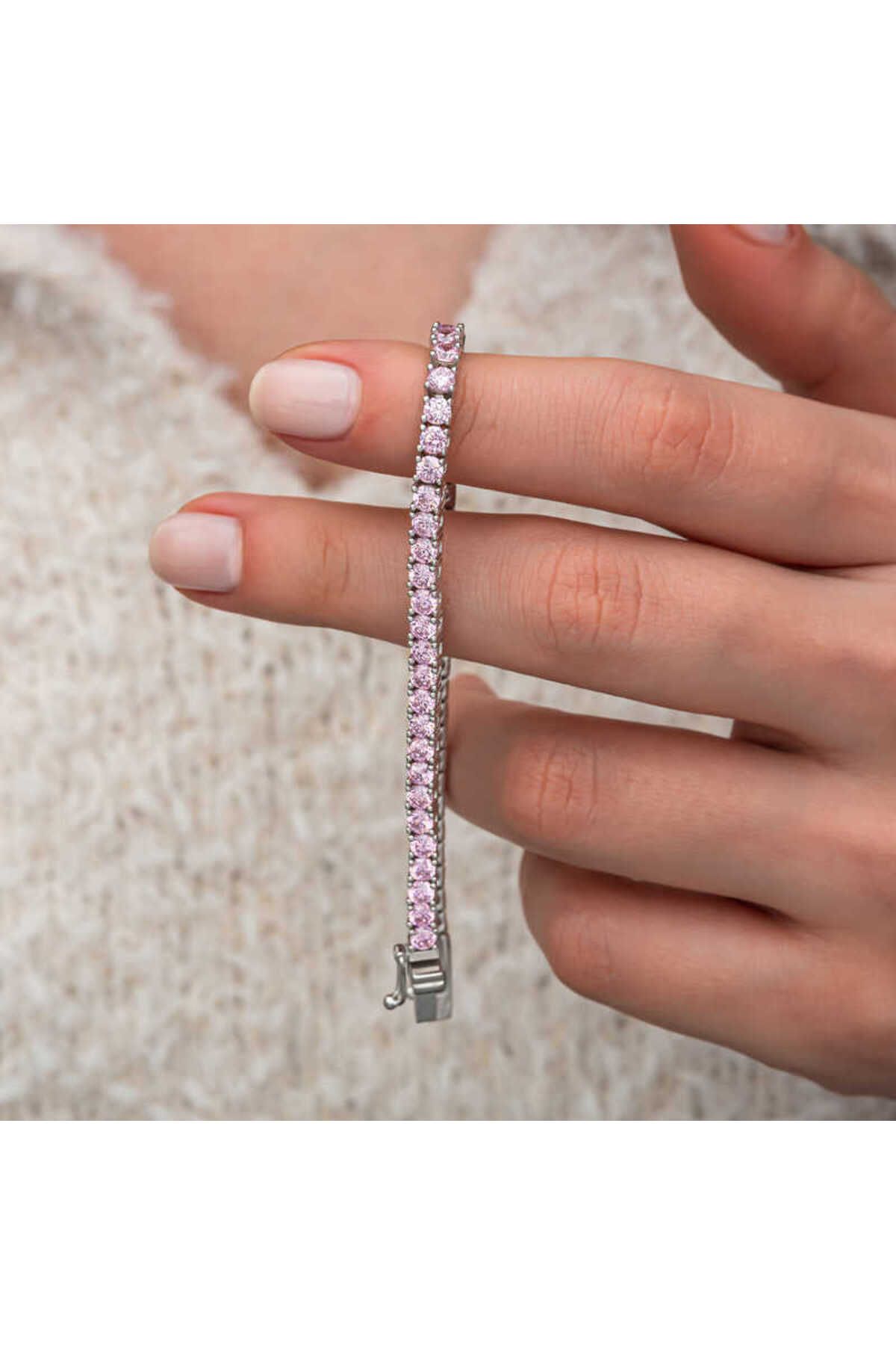 costurera Gümüş Pembe Zirkon Taşlı Su Yolu Kadın Bileklik
