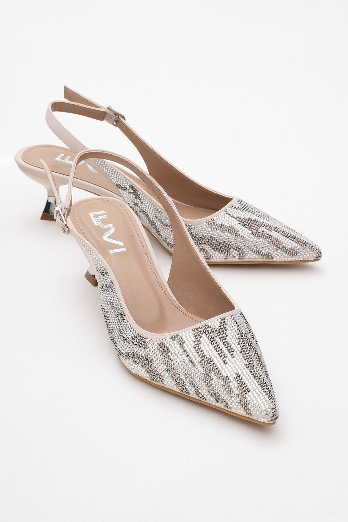 کفش مجلسی شب زنانه پاشنه کوتاه سنگ ساتن بژ USHES luvishoes