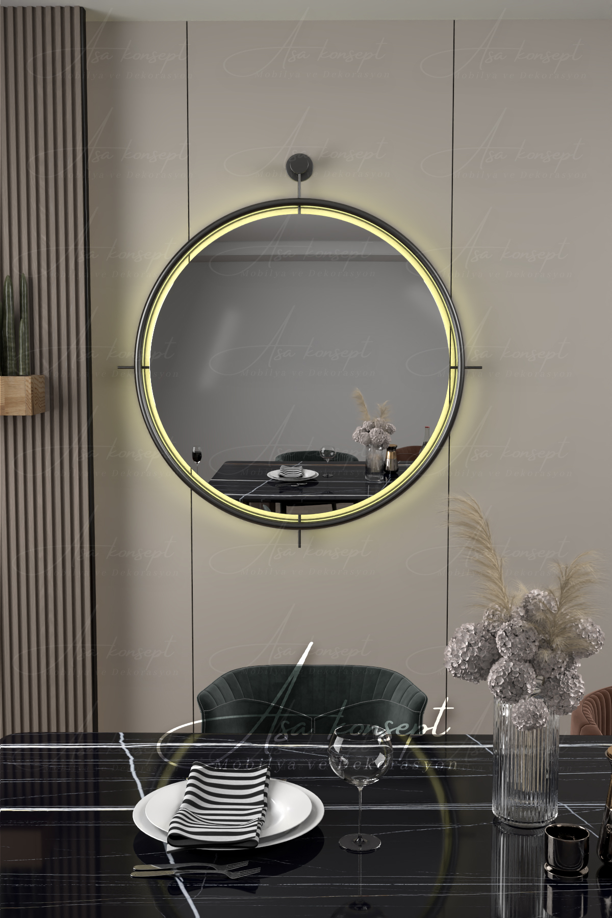 ASA KONSEPT İstanbul 75cm Siyah Ledli Ayna, Metal Dekoratif Hol Koridor ...