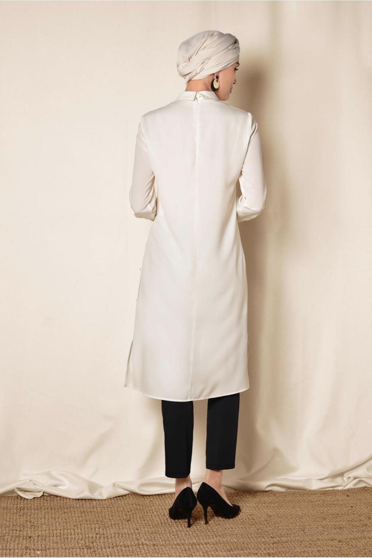 تونیک پوشیده سفید زنانه دکمه جانبی بروش TUNIC 4914 آلوینا Alvina
