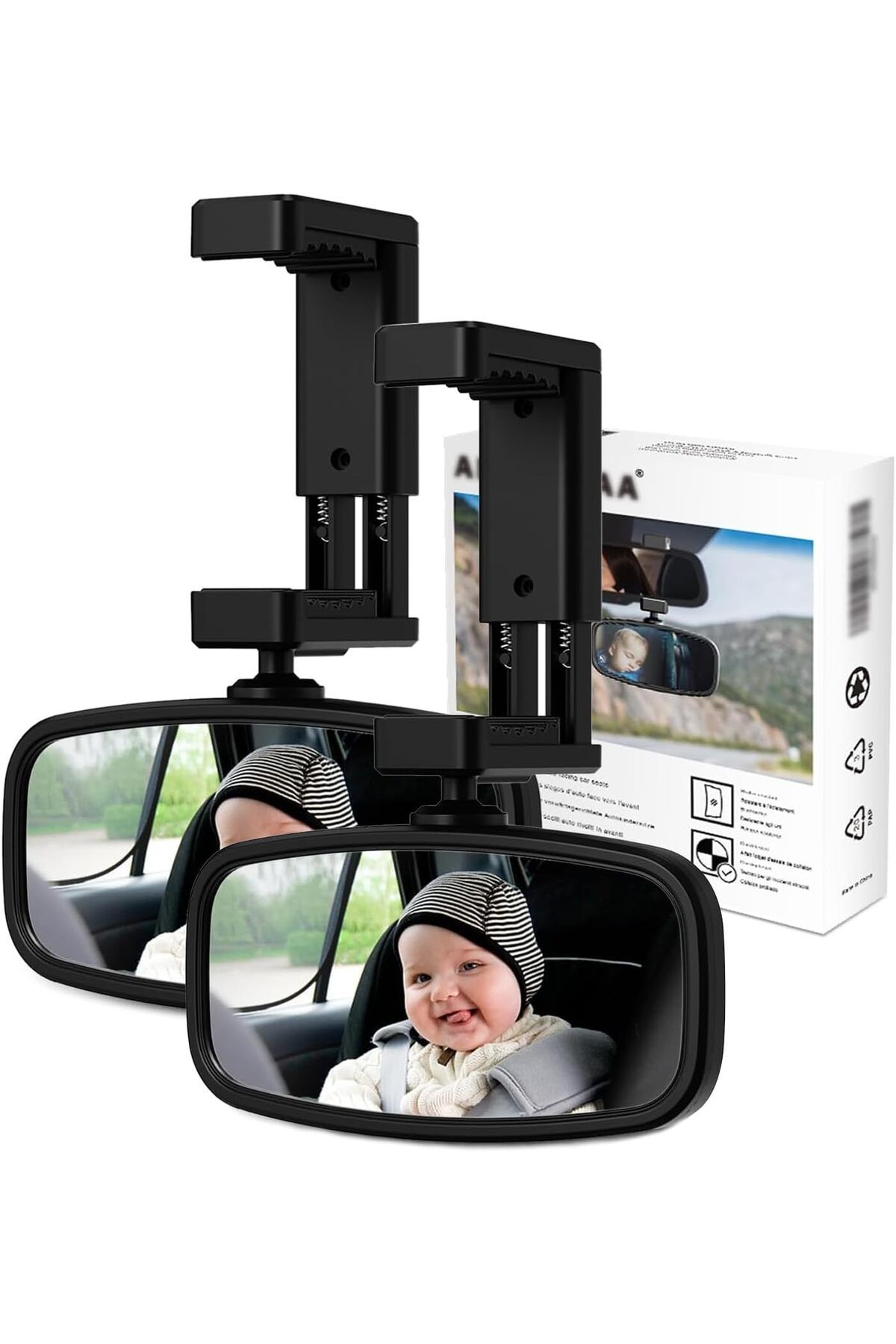 ALLILUYAA Bebek Araba Dikiz Aynası, 2'li Set, 360° Döndürülebilir, Yaylı Klipsli