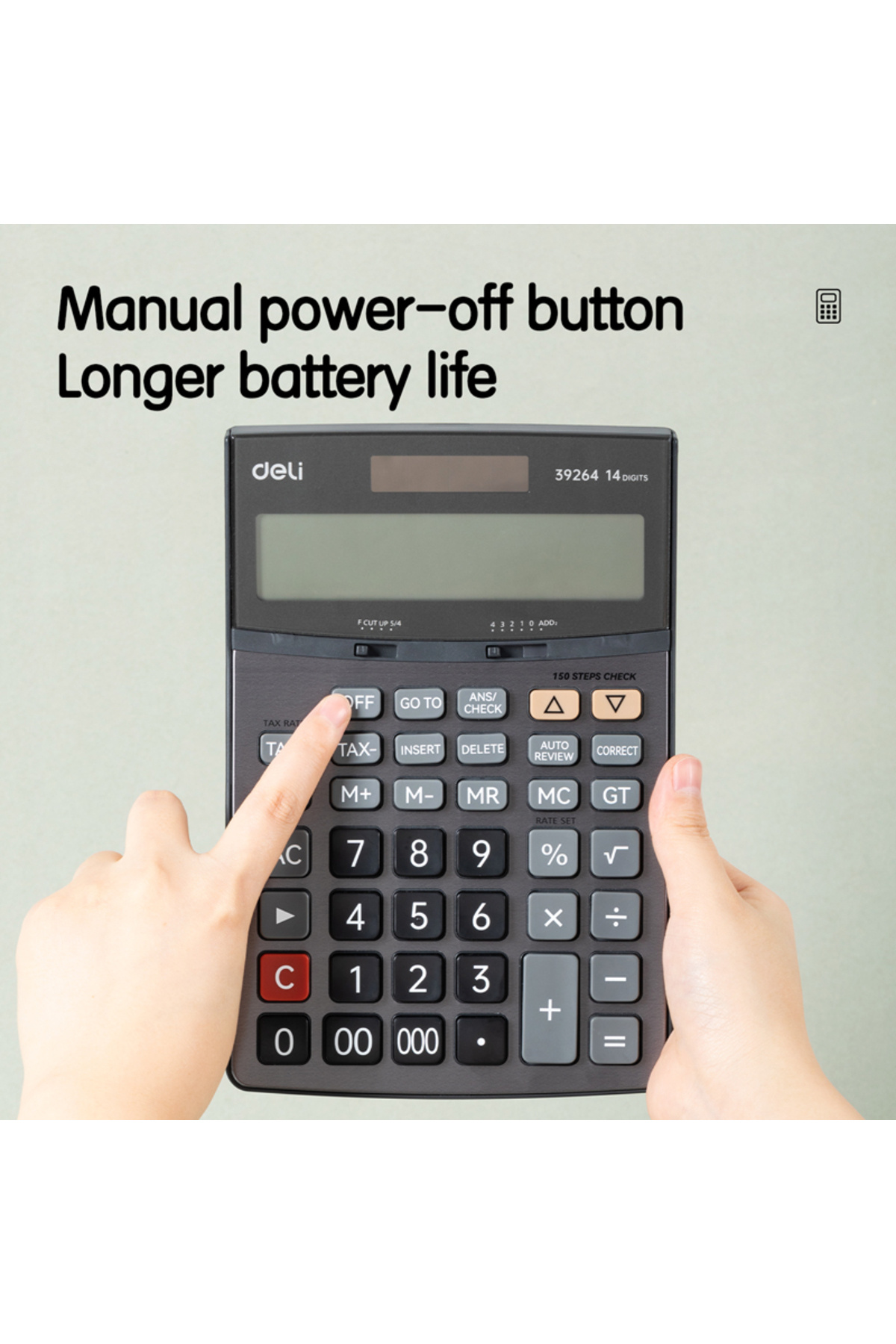 Deli-E39264 14-Digit Metal Calculator - Dual Power, 150-Step Check, Tax 3