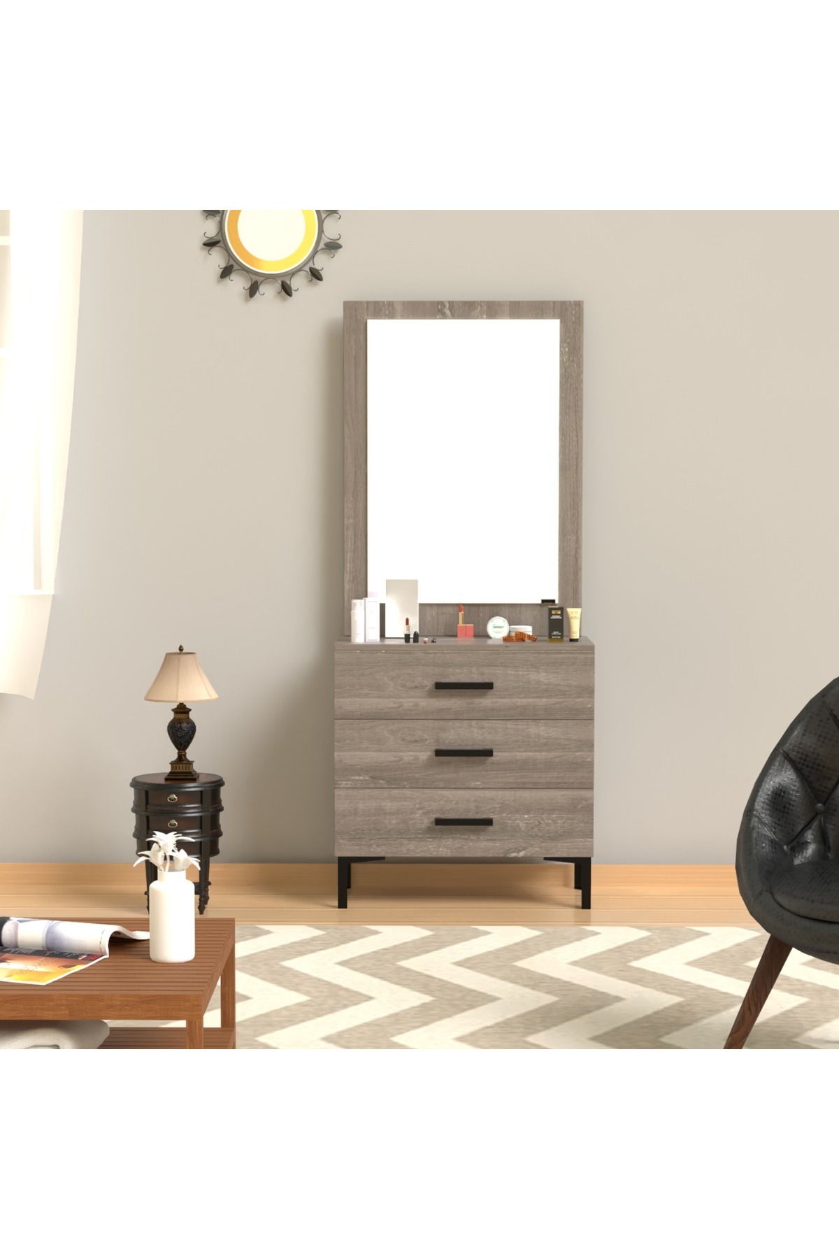 Mahmayi-Dresser with Large Vanity Mirror and 3 Storage Drawers - Grey Brown Whiteriver Oak 5