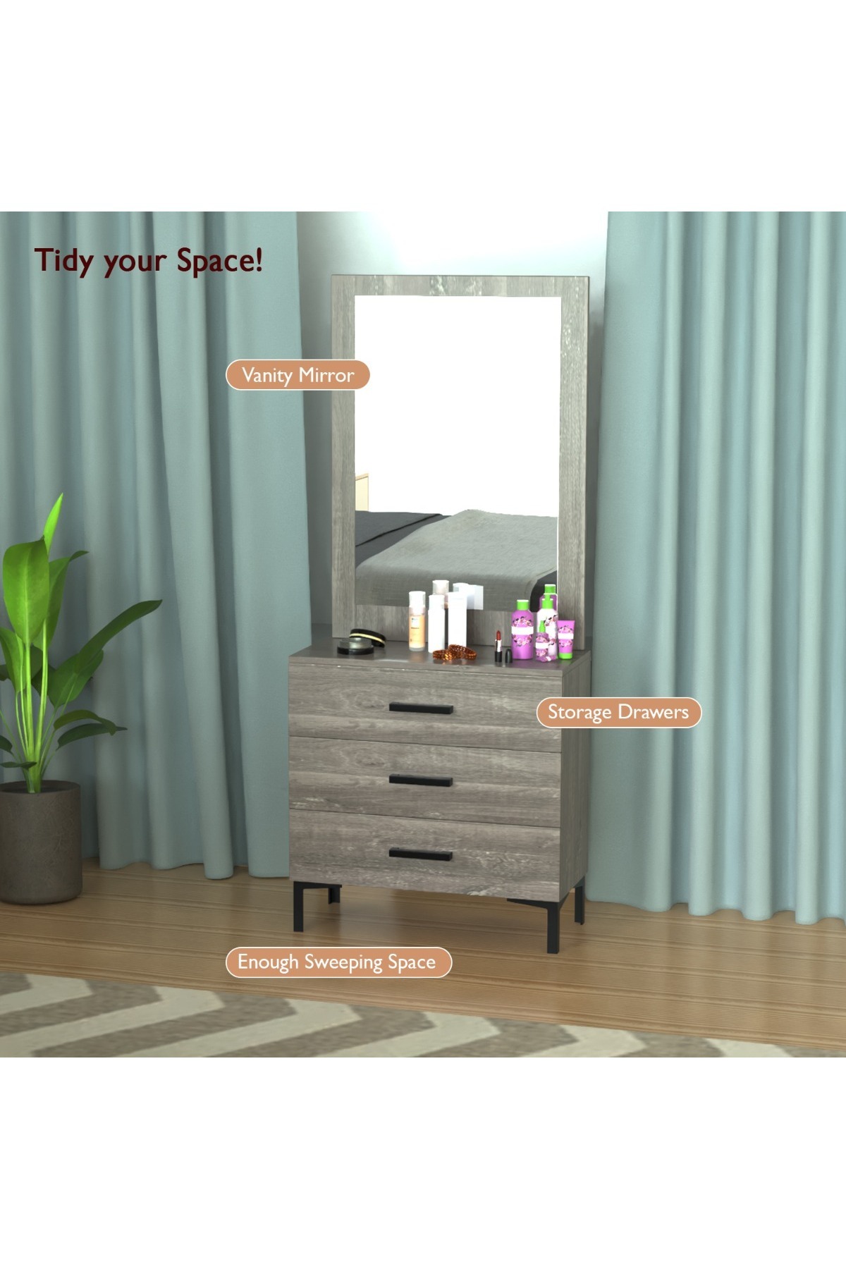 Mahmayi-Dresser with Large Vanity Mirror and 3 Storage Drawers - Grey Brown Whiteriver Oak 4