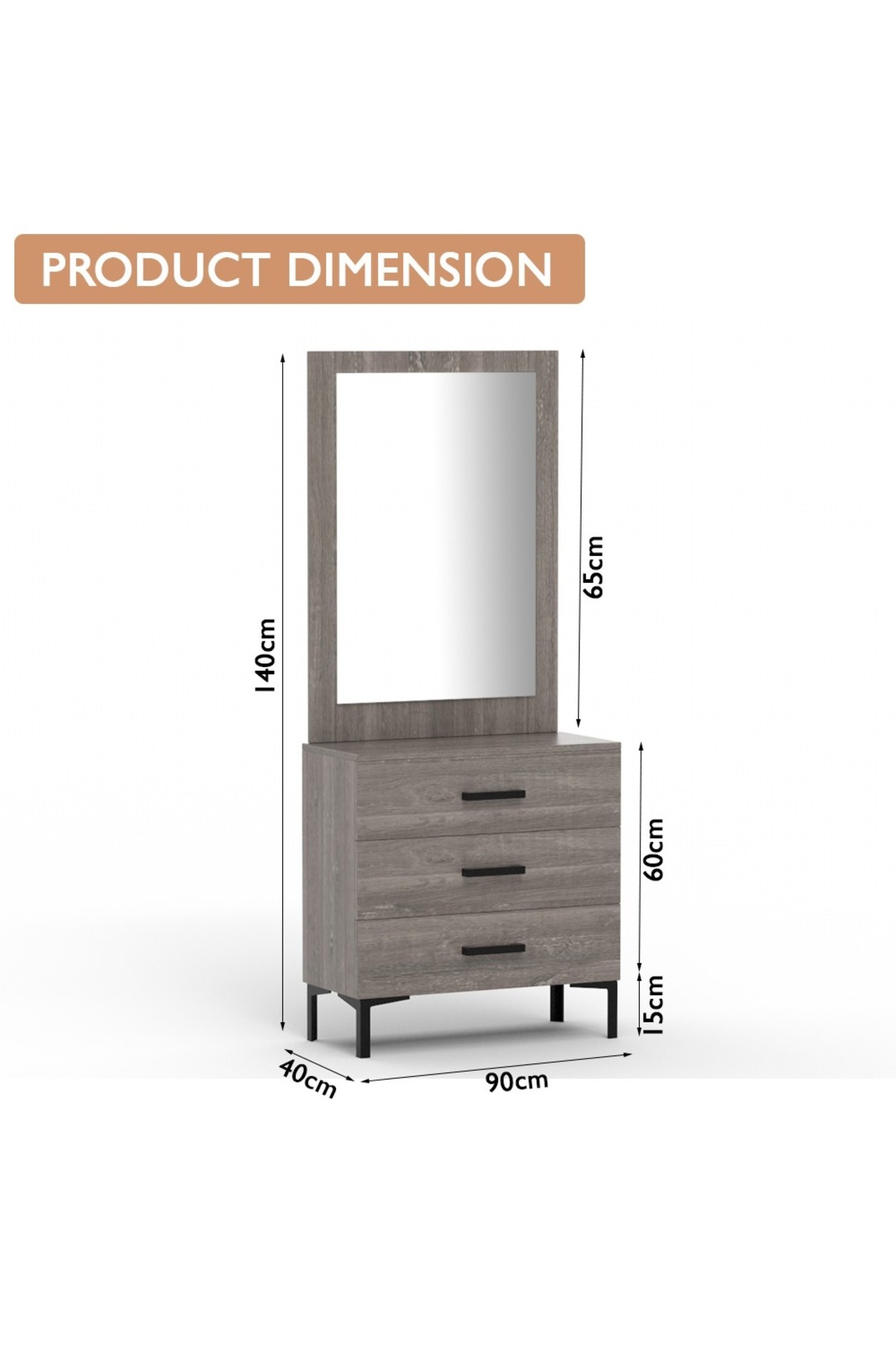 Mahmayi-Dresser with Large Vanity Mirror and 3 Storage Drawers - Grey Brown Whiteriver Oak 3