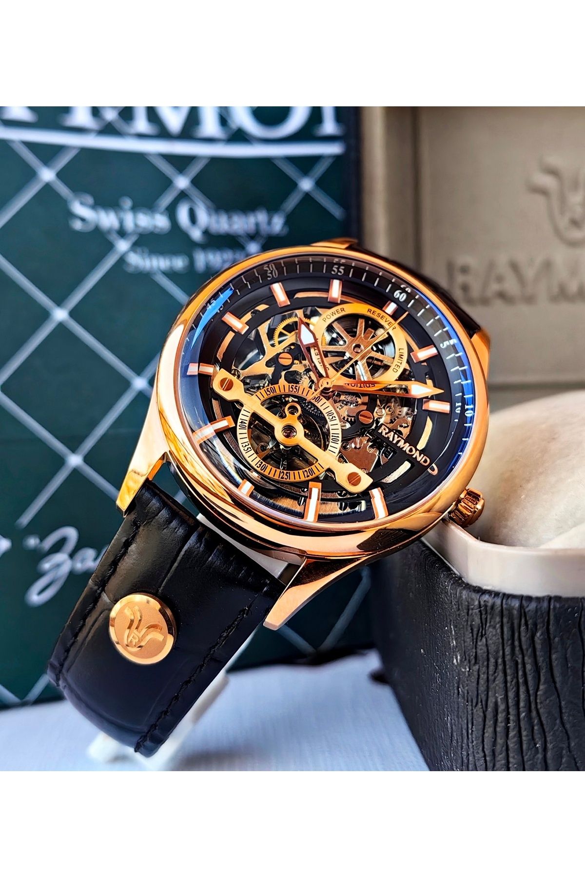 Raymond-Black Skeleton Design Automatic Men's Wrist Watch 4