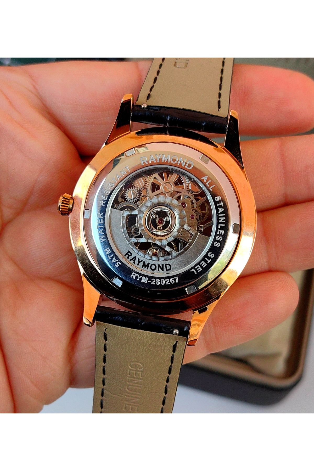 Raymond-Black Skeleton Design Automatic Men's Wrist Watch 8