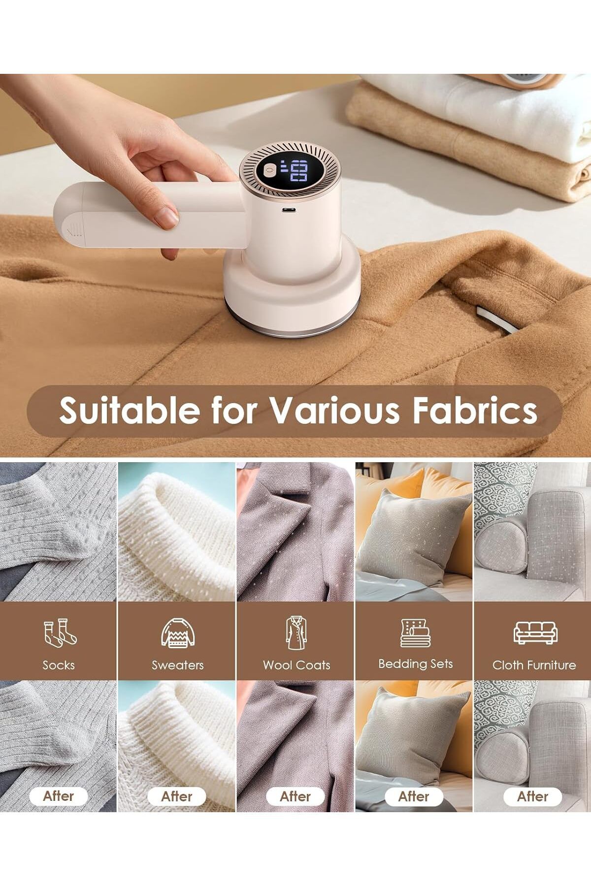 COOYA-Rechargeable Fabric Shaver LED Display, Efficient Versatile Lint Remover with 3 Blades for Home 4