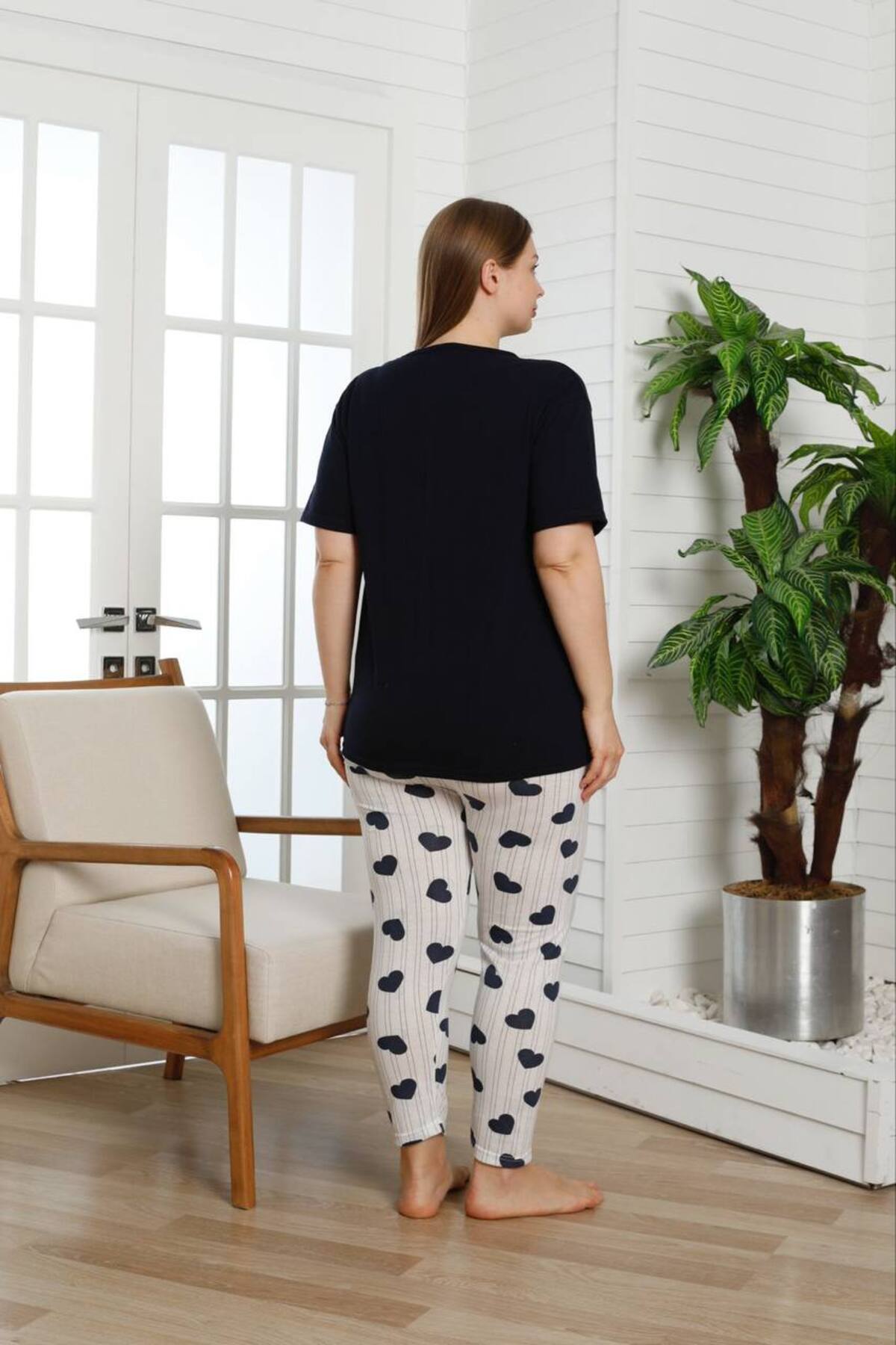 shopshop-Women's Navy Blue Oversize Large Size Heart Patterned Short Sleeve Thin Summer Pajama Set 8