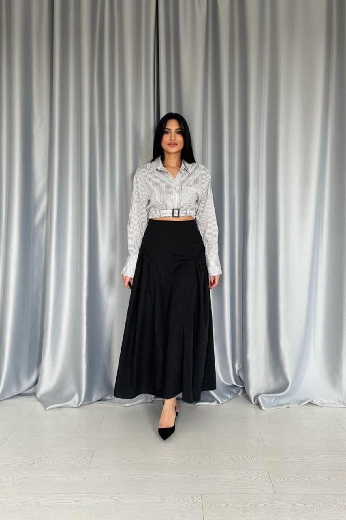 MRA Fashion Siyah Yanları Büzgülü Uzun Etek
