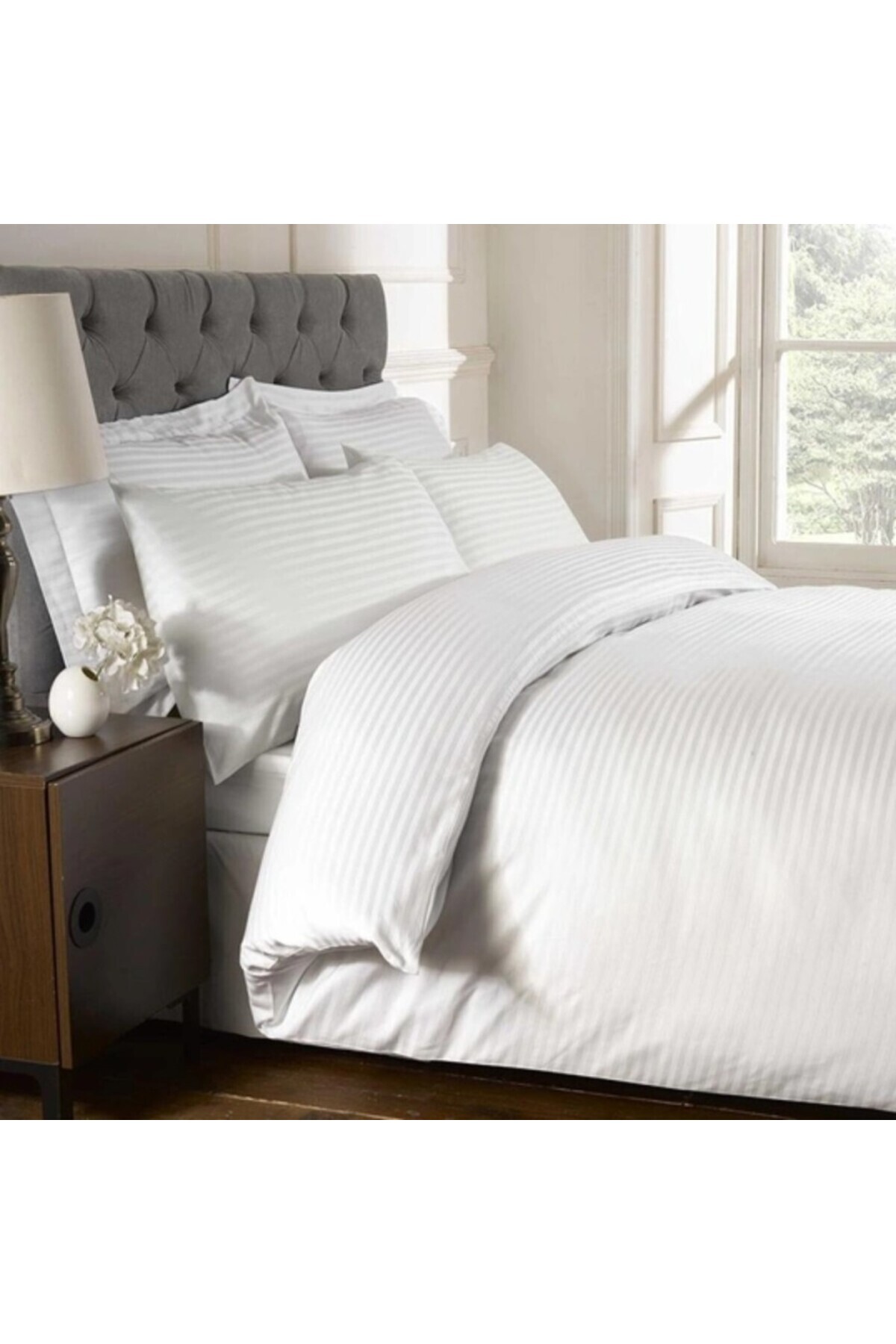 Pucioasa-Double bed linen 4 pieces, hotel damask with 1 cm stripes, white 1