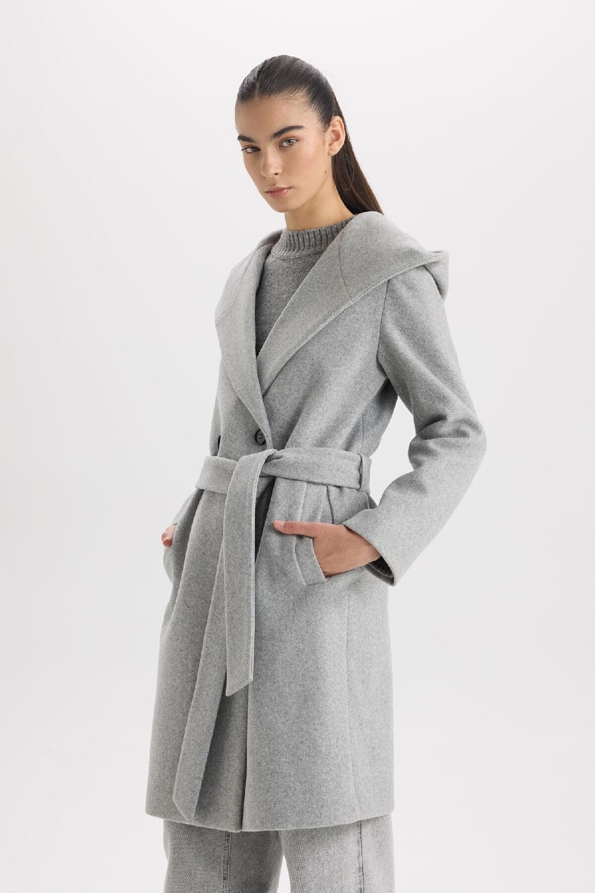 DeFacto Długi Płaszcz Ze Wzorem Z Kapturem, Zapinany Na Guziki I Paskiem A0991ax24wn Kobieta - L